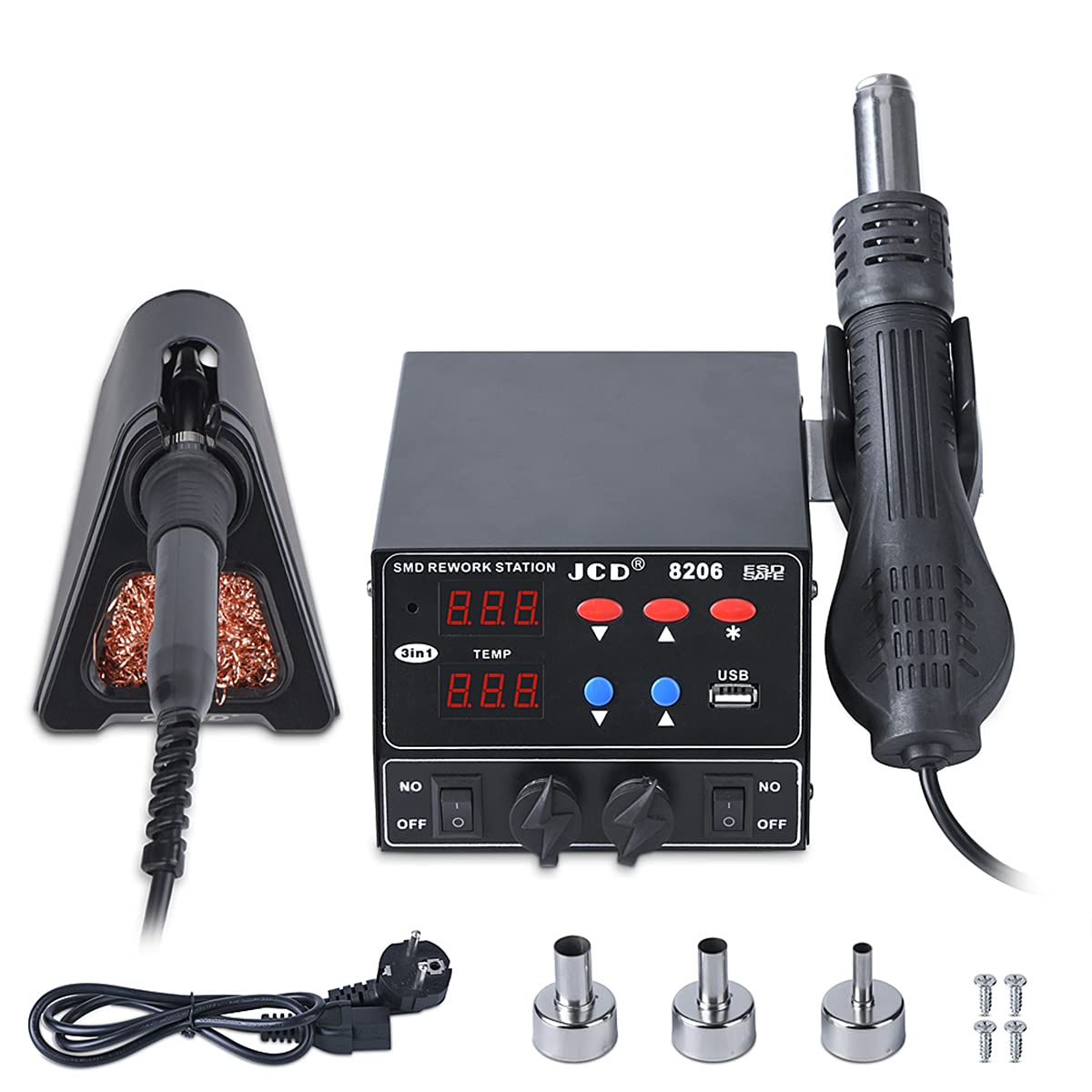 Professional 3-in-1 Soldering Station with Hot Air Gun & Soldering Iron - 220V Adjustable Temperature Digital Dual Display for Electronics Repair, PCB Rework, and DIY Projects