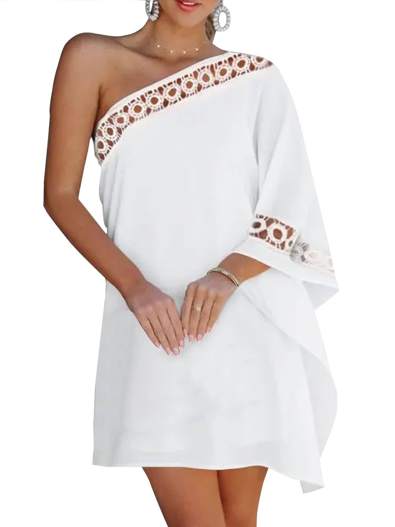 Vrtige Women's One Shoulder Hollow Out Batwing Sleeve Cocktail Mini Dress - Sexy Party Dress for Night Out, Club, Date Night & Special Occasions