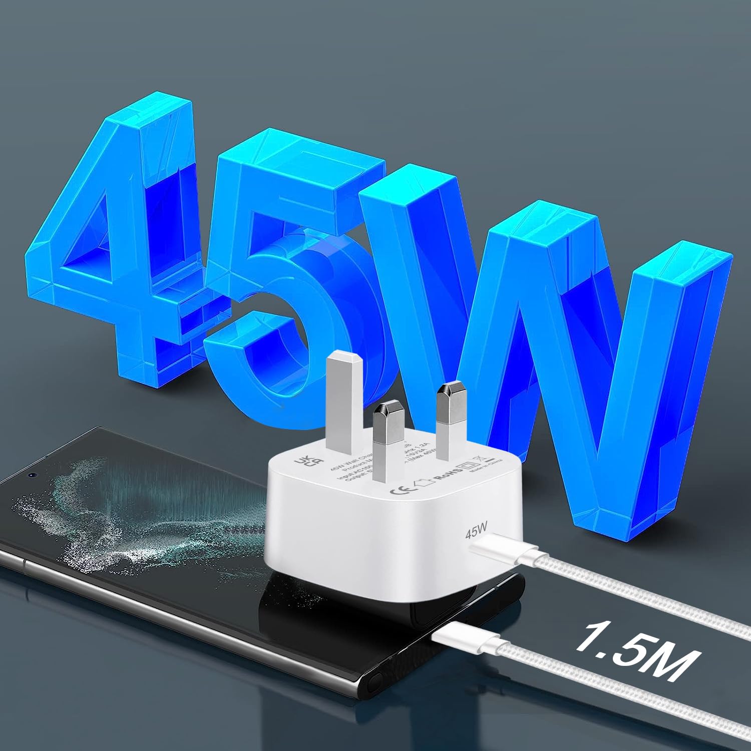 45W Samsung Super Fast Charger - Compatible with Galaxy S24 Ultra/S25 Plus/S23 FE/S24/S22/S21/S20, A54/A55/A25/A15/A16/A05S/A53/A34/A23 5G, Z Fold 4/5, Z Flip, Tab S7/S8/S9 - Fast Charging Plug & Cable for Home, Office & Travel
