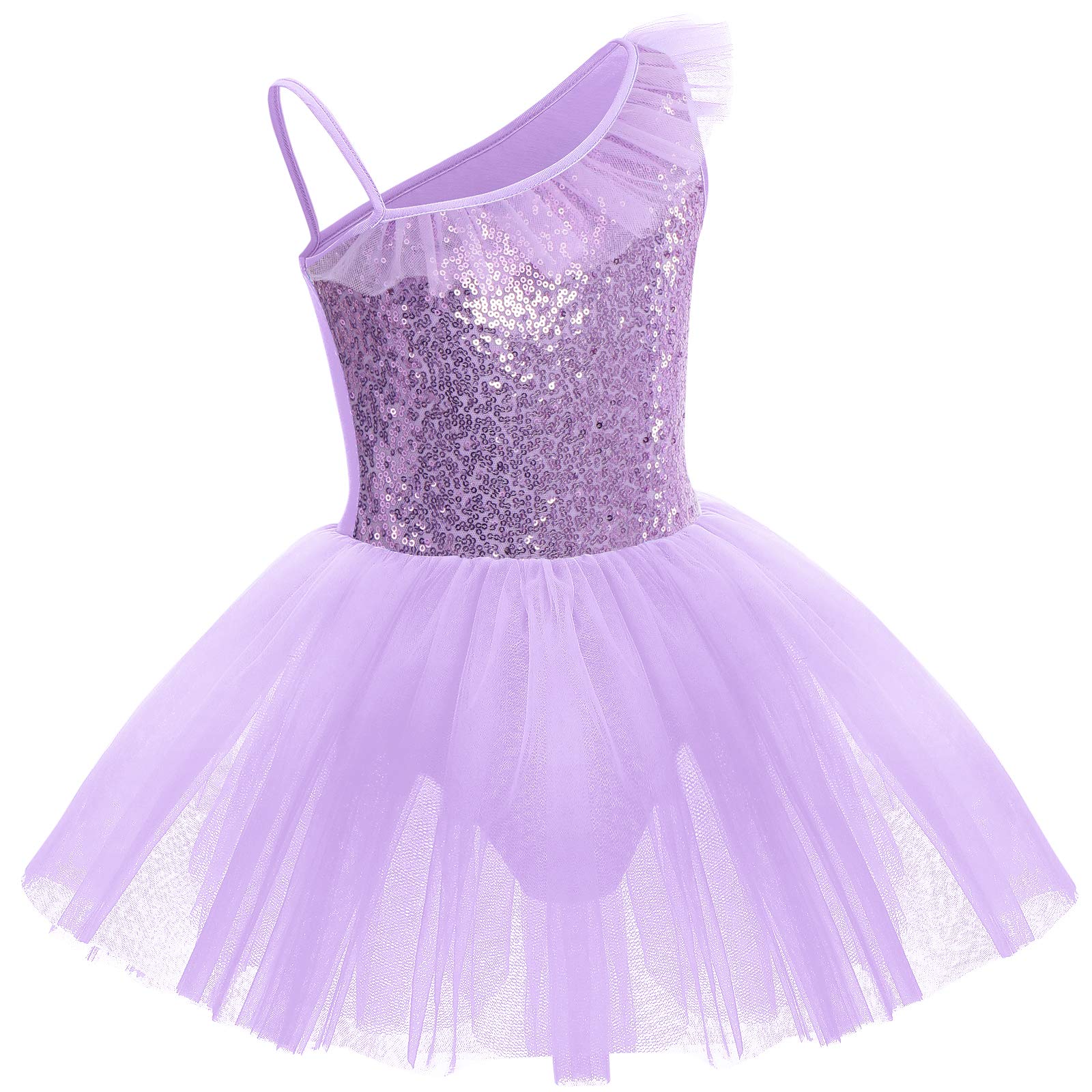 IDOPIP Girls Sequins Ruffle One Shoulder Ballet Dance Dress Tutu Skirted Leotard Ballerina Dancewear Costume for Toddler Kids - Perfect for Recitals, Performances, and Dance Classes