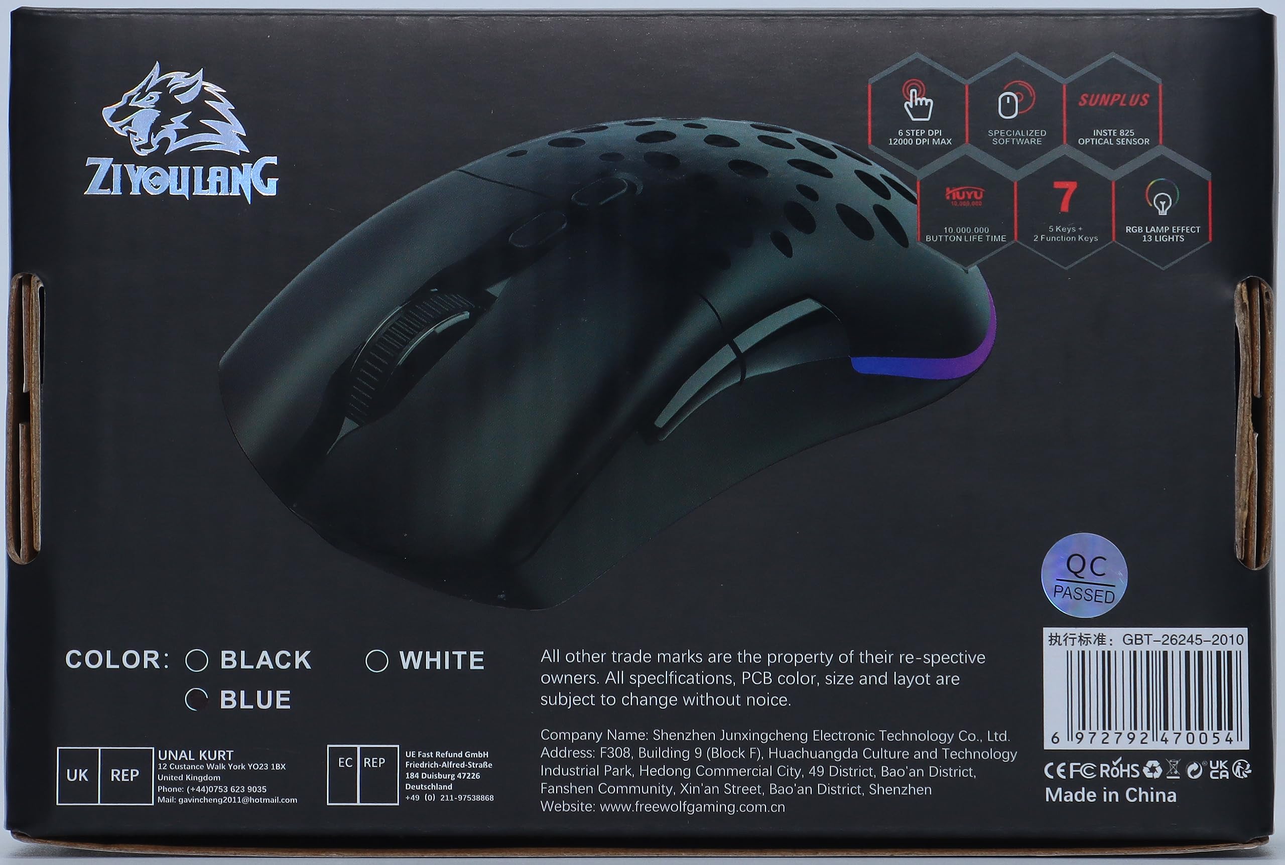 ZIYOU LANG G-PRO D19 RGB Wired Gaming Mouse - 12,000 DPI, Programmable 7 Buttons, Ultra-Light Honeycomb Shell for PC & Laptop - Blue | Perfect for FPS, MOBA & Esports Gaming