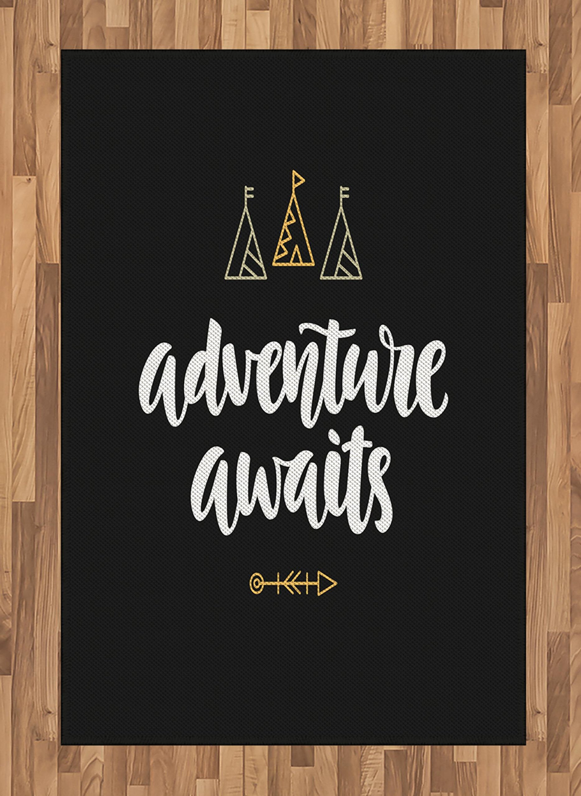 Ambesonne Adventure Awaits Modern Calligraphy Area Rug with Doodle Tents & Arrow - 4'x5'7