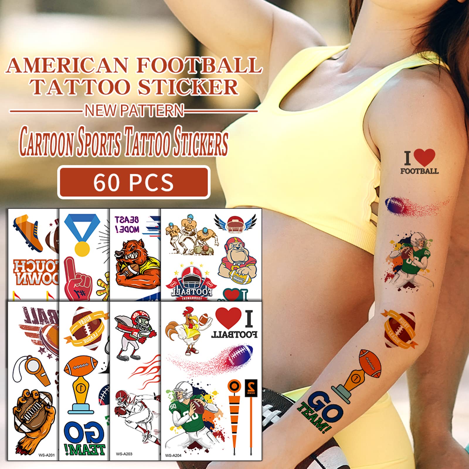60pcs Waterproof Temporary Tattoos for Kids & Adults - Fake Body Art Stickers for Parties, Sports Events & School Rewards - Football Themed Designs (10 Sheets) - Perfect for Halloween, Birthdays & Team Spirit Events
