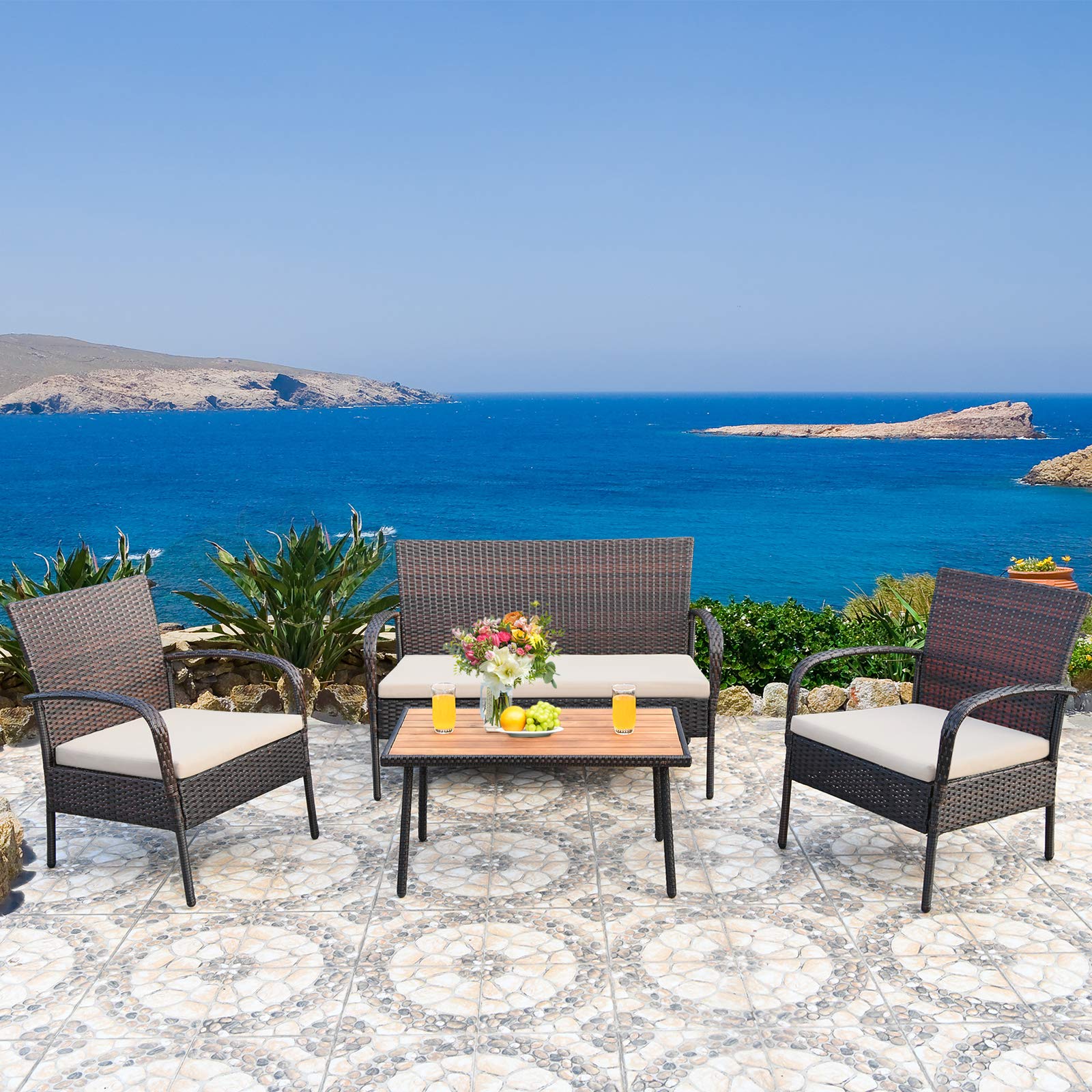 RELAX4LIFE 4-Piece Outdoor Patio Furniture Set - All-Weather Rattan Wicker Chairs with Acacia Wood Coffee Table & Cushions - Perfect for Garden, Poolside, Backyard, and Outdoor Entertaining