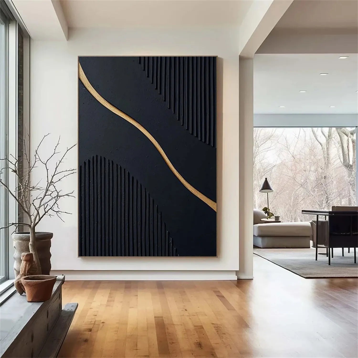 Black Gold Minimalist Textured Abstract Wall Art Painting #MZ098 - Modern Home Decor for Living Room, Bedroom & Office