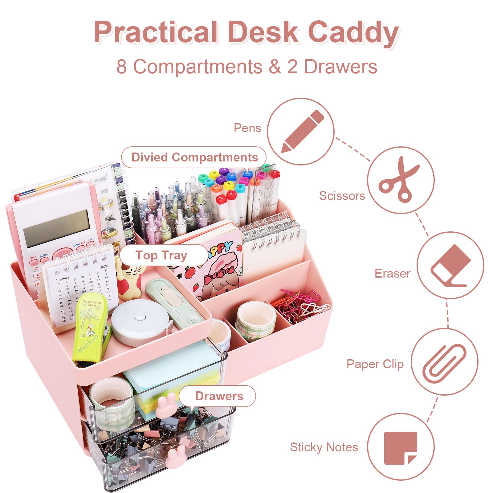 Pink 2-Drawer Makeup Organizer with 7 Compartments & Top Tray - 11