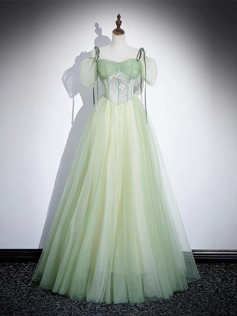 Elegant A-Line Tulle Lace Green Long Prom Dress & Evening Gown - Perfect for Homecoming, Formal Dances, and Special Occasions