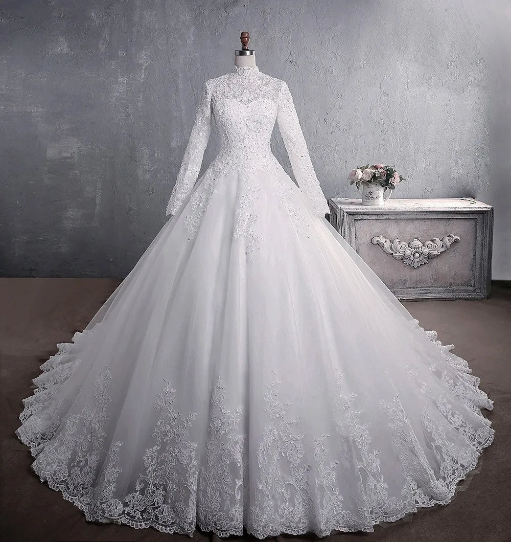 Elegant Plus Size Long Sleeve High Neck Ball Gown Wedding Dress with Zipper Back - Perfect for Bridal Ceremonies, Formal Events & Evening Galas