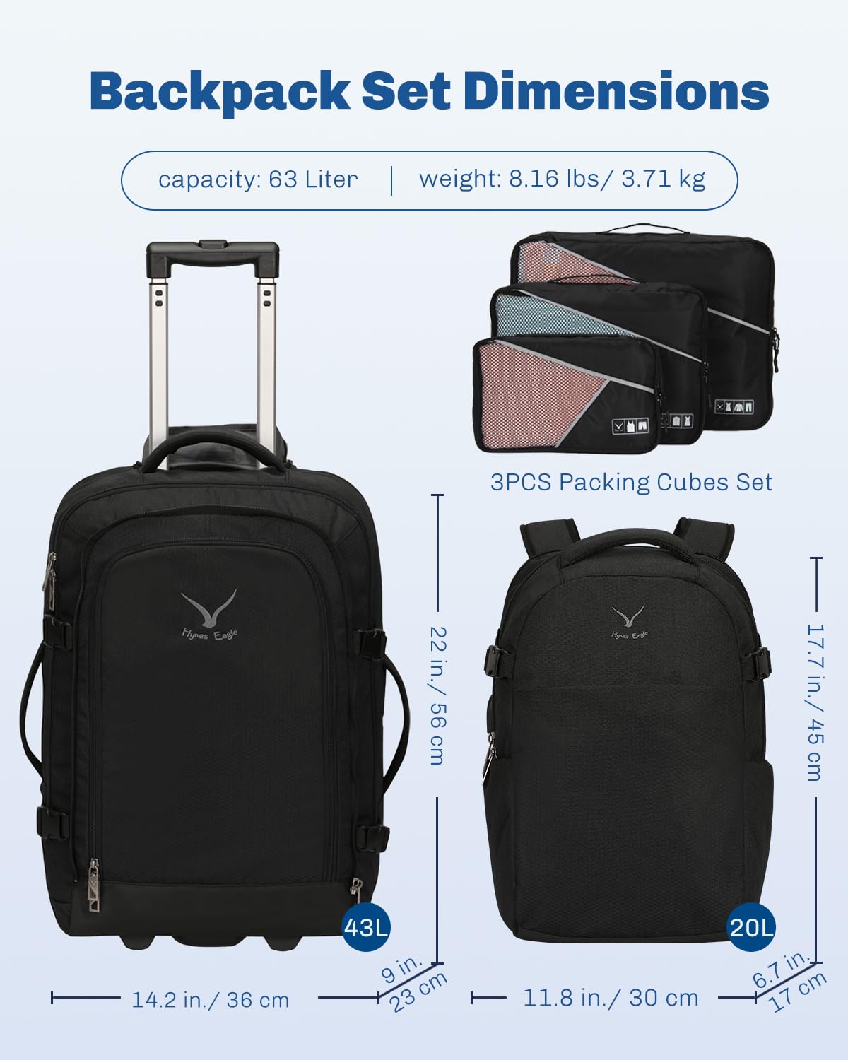 Hynes Eagle 22 Inch Rolling Backpack - 2 in 1 Wheeled Carry On Luggage for Air Travel, 63L Spinner Suitcase for Women & Men | Perfect for Business Trips, Weekend Getaways & International Travel