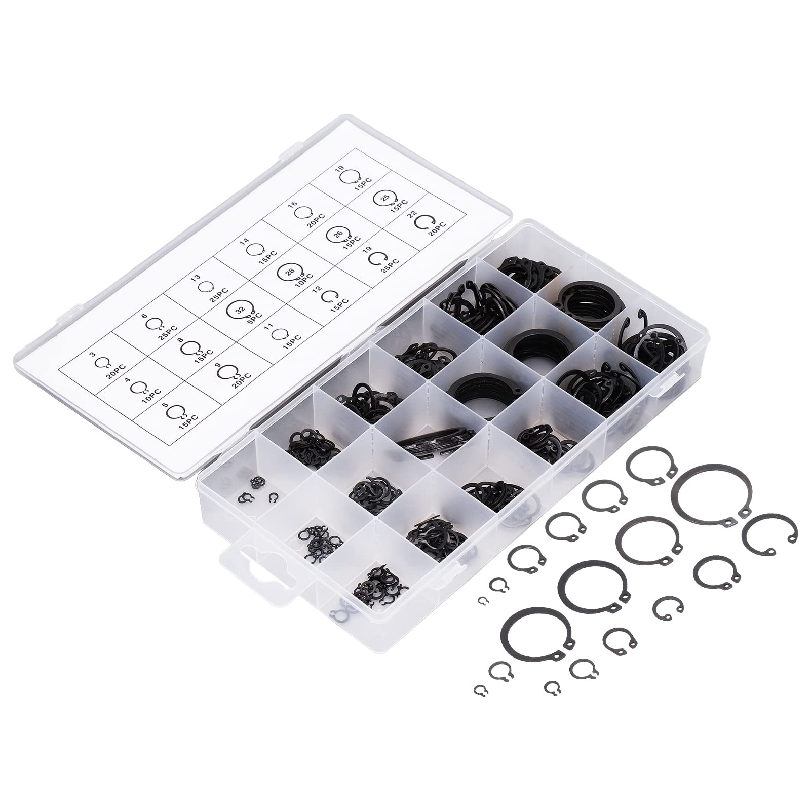 300-Piece C Clamp & External Retaining Ring Assortment Kit - Durable Rubber & Alloy Steel Retaining Rings for Cylinders, Automotive Valves - Perfect for DIY Repairs, Machinery Maintenance & Industrial Applications