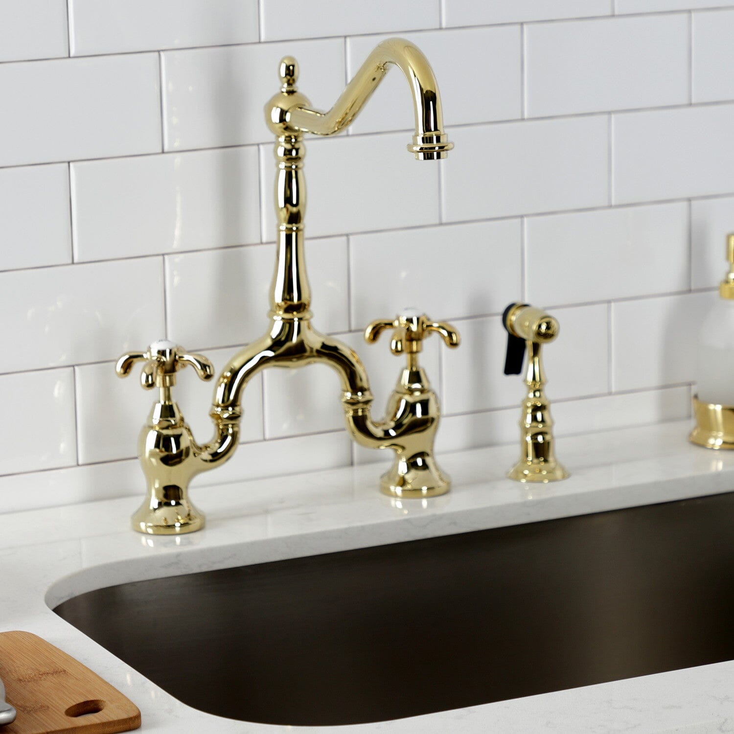 French Country Two-Handle 3-Hole Deck Mount Bridge Kitchen Faucet with Brass Side Sprayer - Perfect for Farmhouse, Cottage & Vintage Style Kitchens (Ideal for Washing Dishes, Filling Pots & Cleaning Countertops)