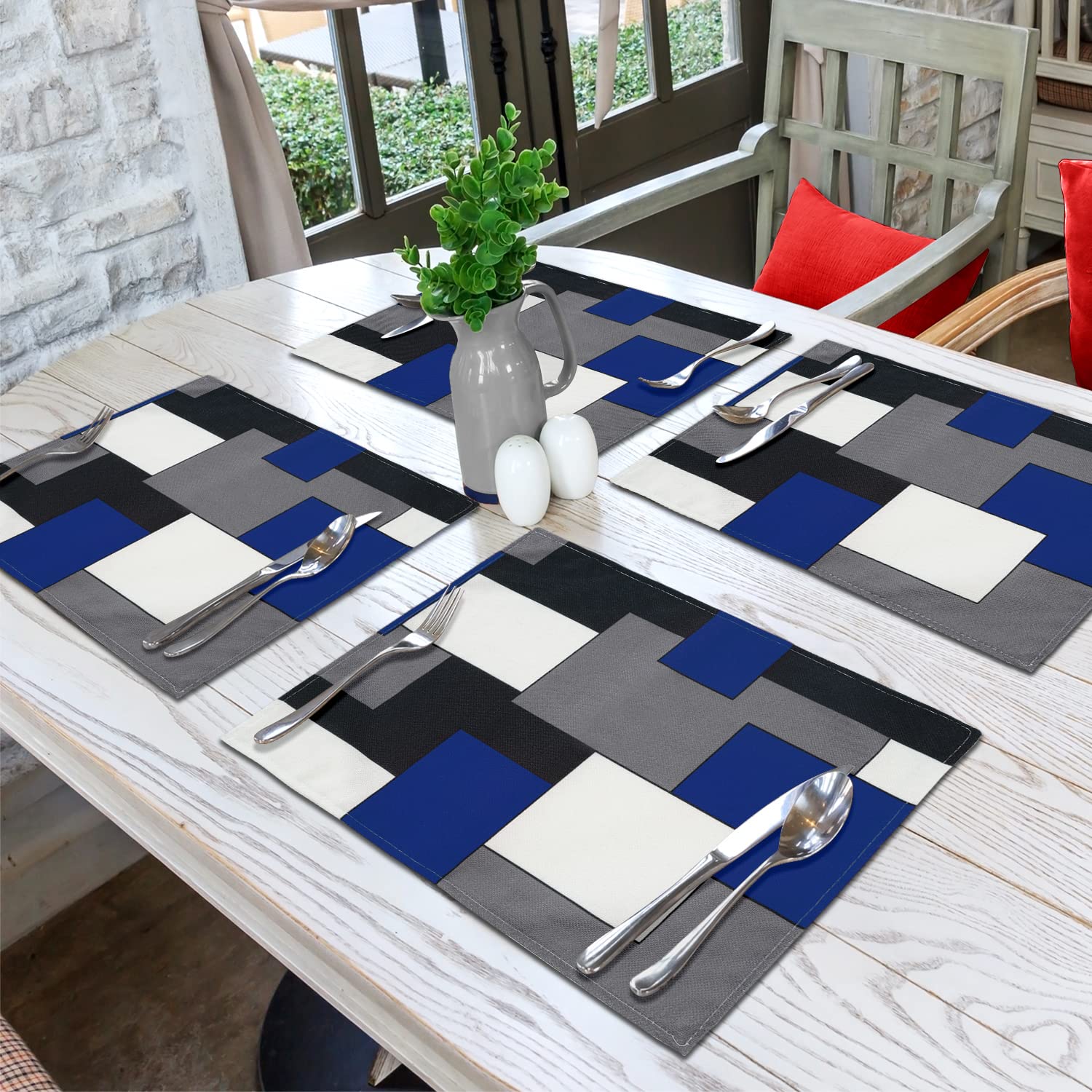 Blue Grey Black White Waterproof Burlap Placemats Set of 4 - 12x18 Inch Geometric Square Washable Dining Table Mats for Kitchen & Home Decor | Perfect for Dinner Parties, Daily Meals, and Holiday Gatherings