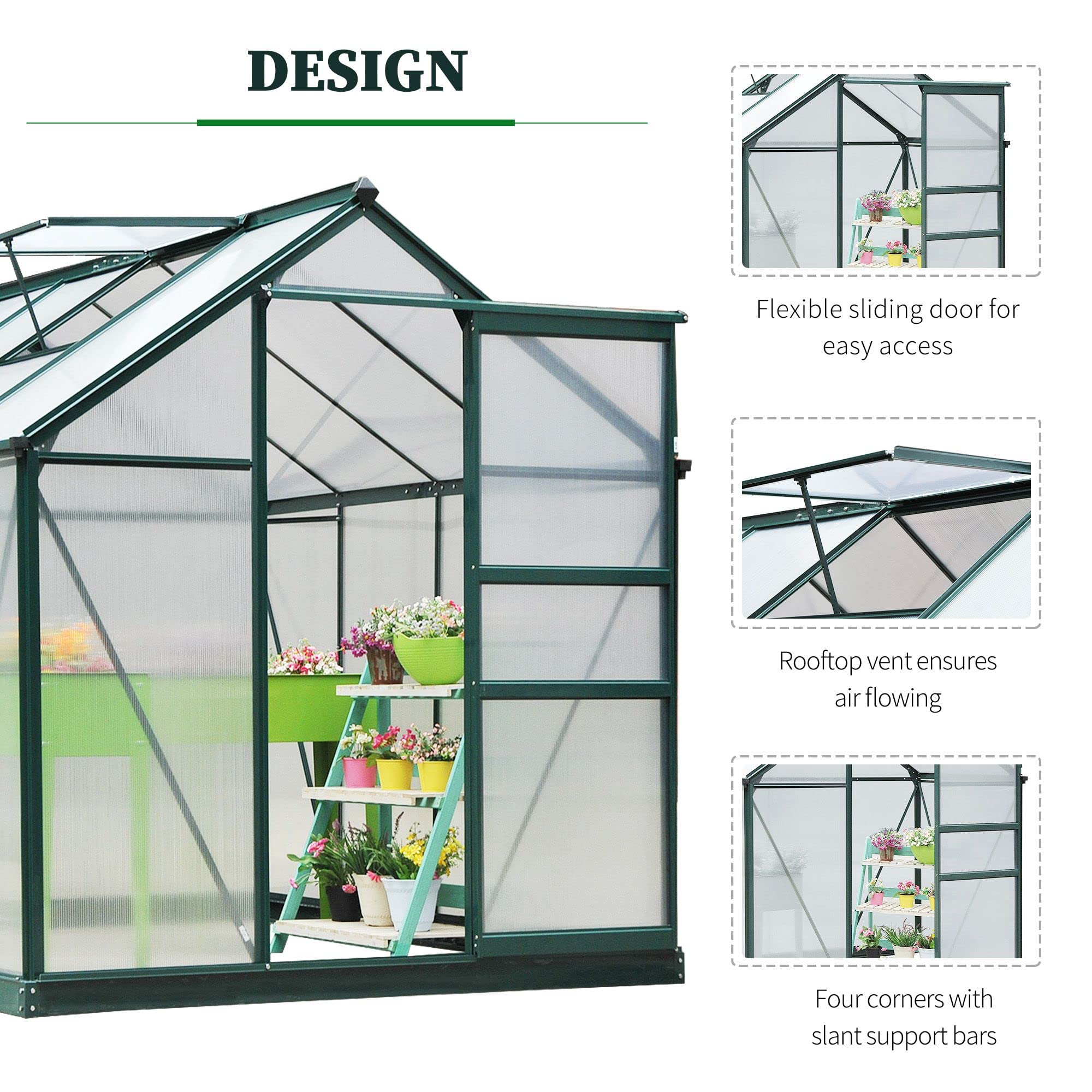 Outsunny 6' x 8' Polycarbonate Greenhouse with Rain Gutter & Roof Vent - Durable Aluminum Walk-in Outdoor Greenhouse for Backyard, Patio & Garden (Dark Green) - Perfect for Growing Vegetables, Herbs & Flowers Year-Round