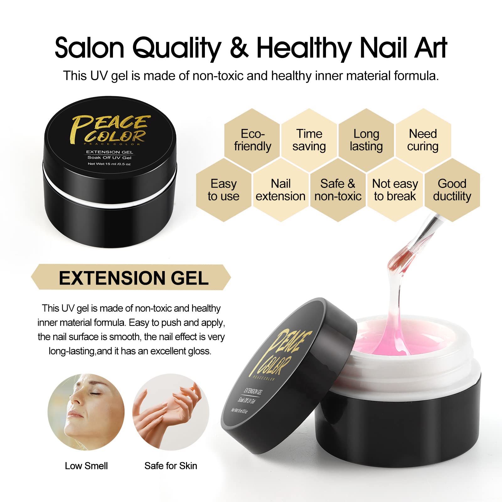 Peacecolor UV Nail Builder Gel - 15ml Pink Nail Polish with UV Brush for Nail Art & Extension | Salon Quality DIY Manicure at Home