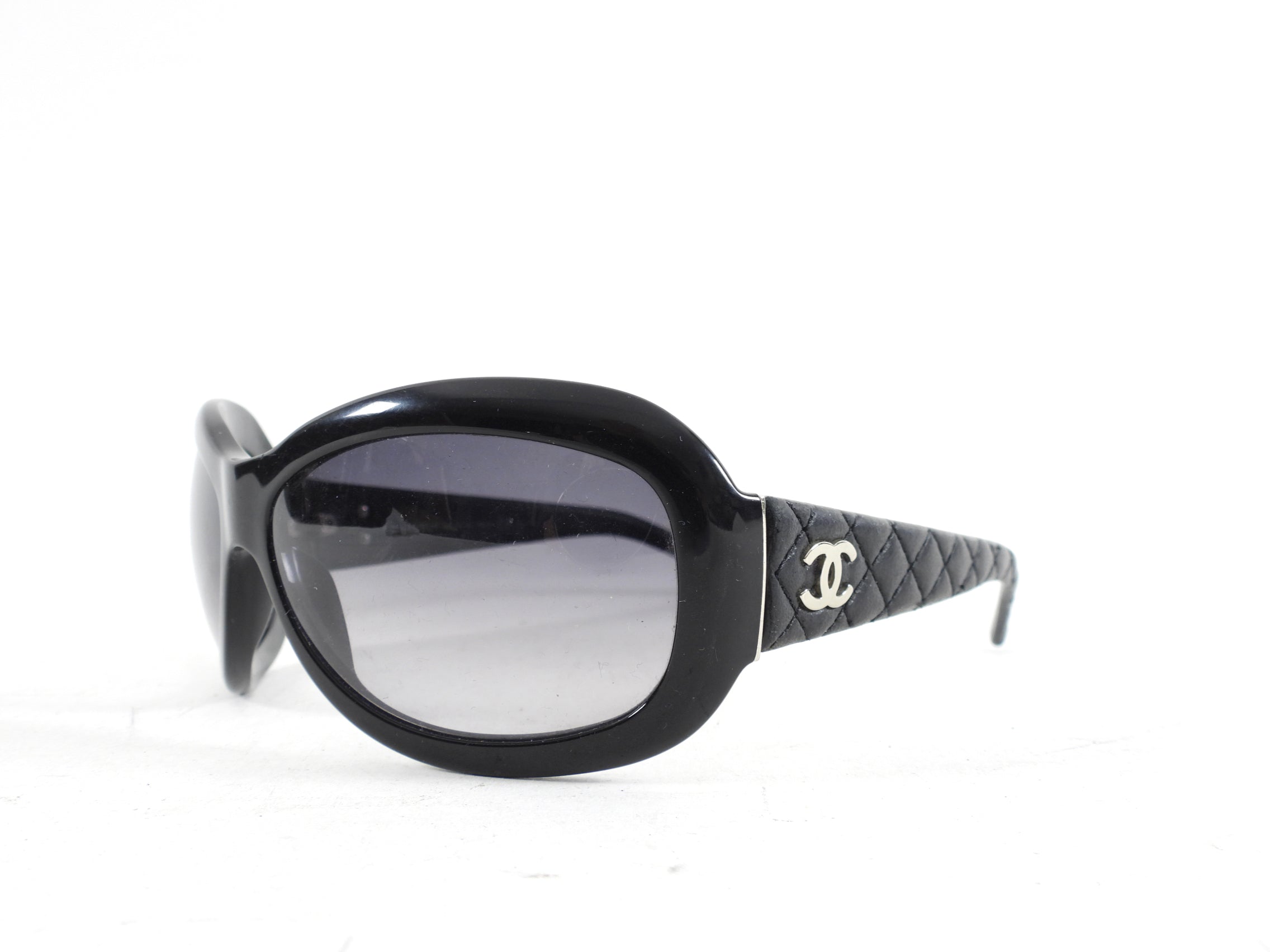 Chanel 5116 Black Acetate Wrap Sunglasses with Leather Arms - Stylish UV Protection for Women - Perfect for Outdoor Activities, Beach & Driving
