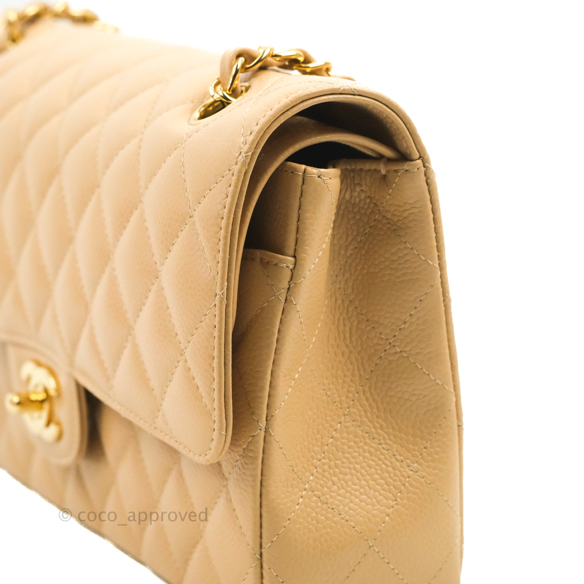 Chanel Classic Medium Flap Bag Quilted Beige Caviar Leather with Gold Hardware - Luxury Crossbody Purse for Women, Perfect for Work, Date Night & Special Occasions