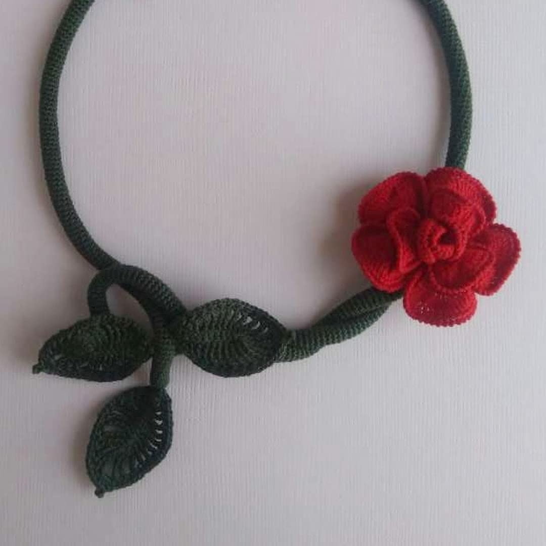 Handmade Crochet Red Rose Necklace with Leaves - Elegant Floral Jewelry for Women - Perfect for Weddings, Parties & Everyday Wear