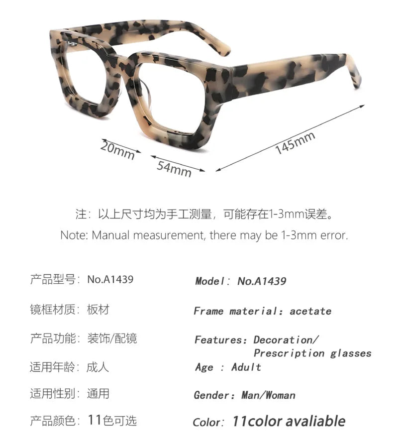 Brightzone Unisex Full Rim Square Thick Acetate Eyeglasses 5437 - Stylish & Durable Frames for Men & Women - Perfect for Reading, Work & Fashion Accessories