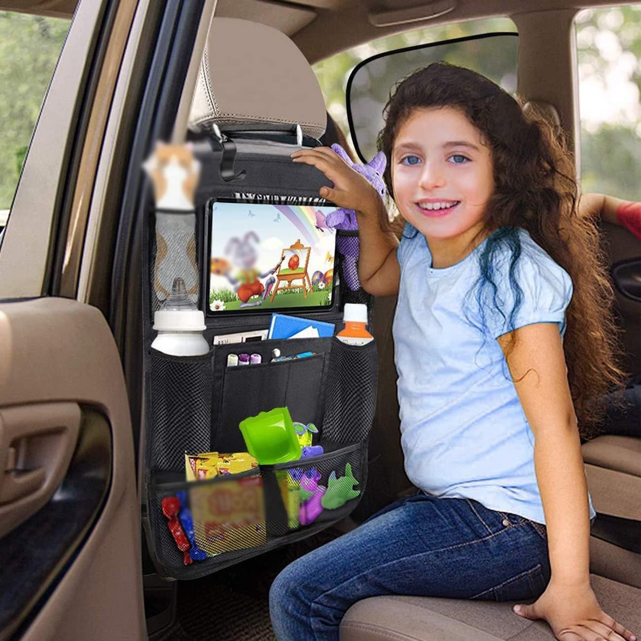 Quesardens Car Backseat Organizer with Tablet Holder - Travel Storage Organizer for iPad, Toys, Snacks & Books - Perfect for Road Trips & Family Vacations (1 Pack)