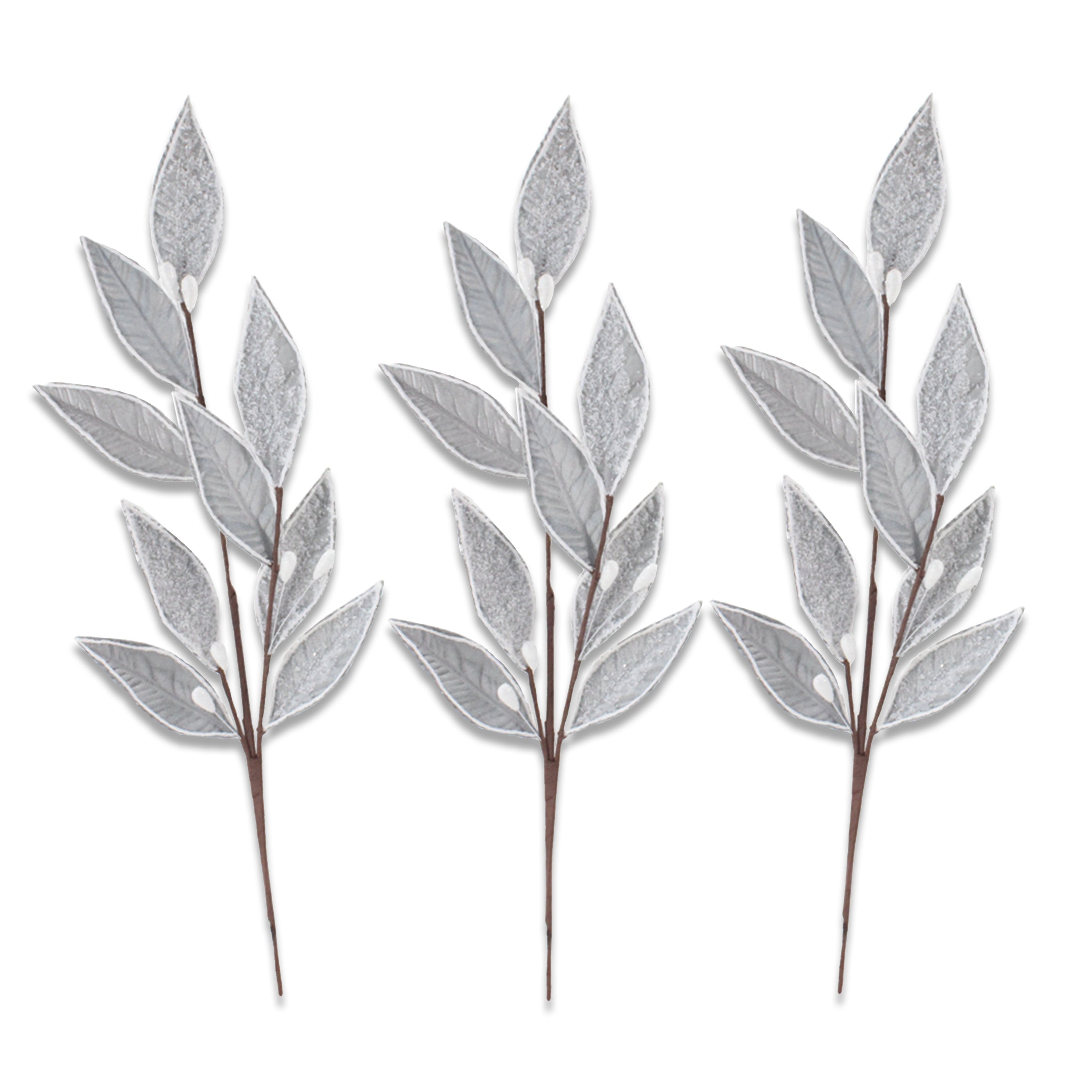 3 Pack Silver Leafy Picks with Glitter Accents - Perfect for Floral Arrangements, Wedding Decor, and DIY Crafts