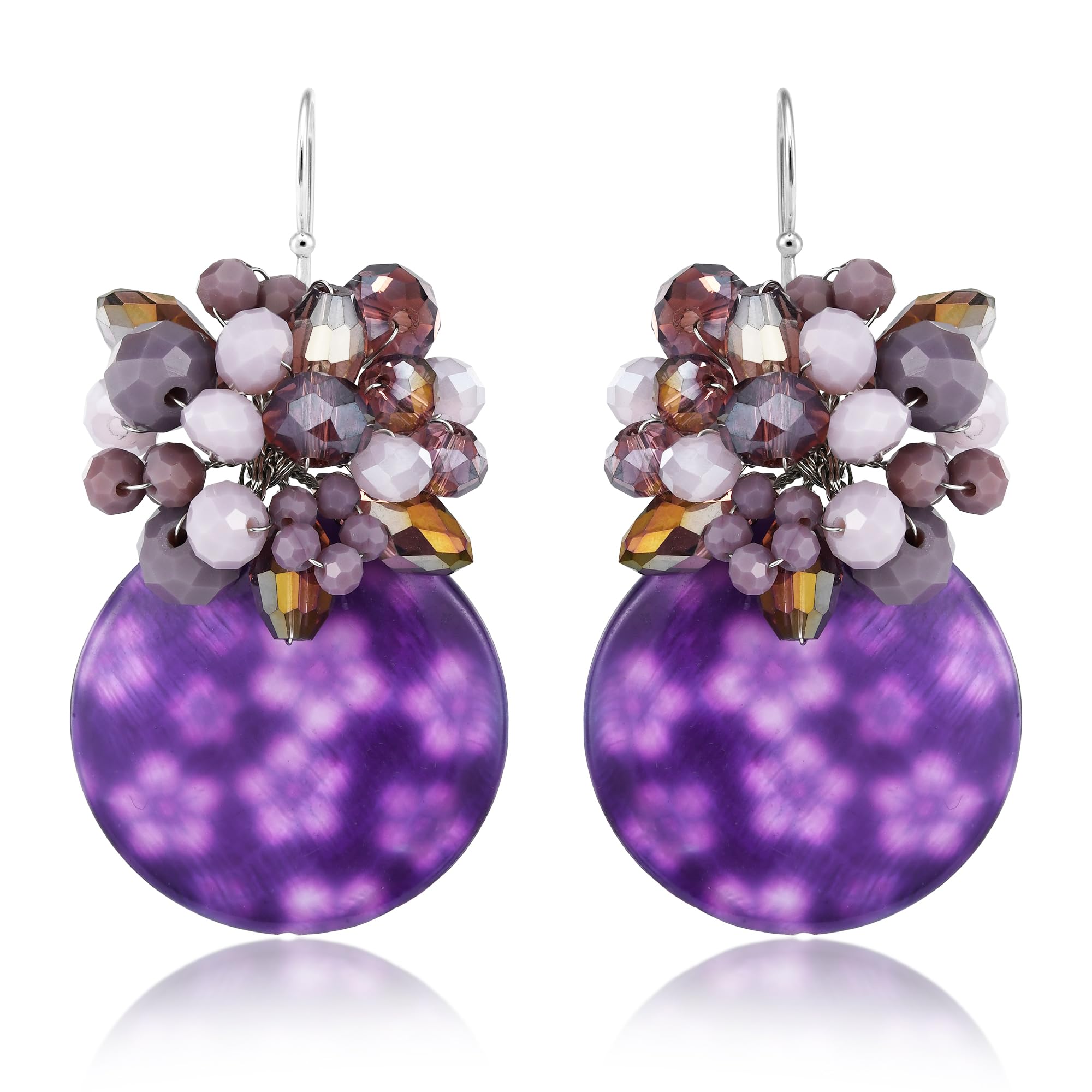 AeraVida Sparkling Purple Painted Mother of Pearl and Crystal Bead Floral Dangle Earrings for Women | Elegant Statement Jewelry | Floral-Inspired Pearl Earrings | Perfect for Weddings, Parties & Special Occasions