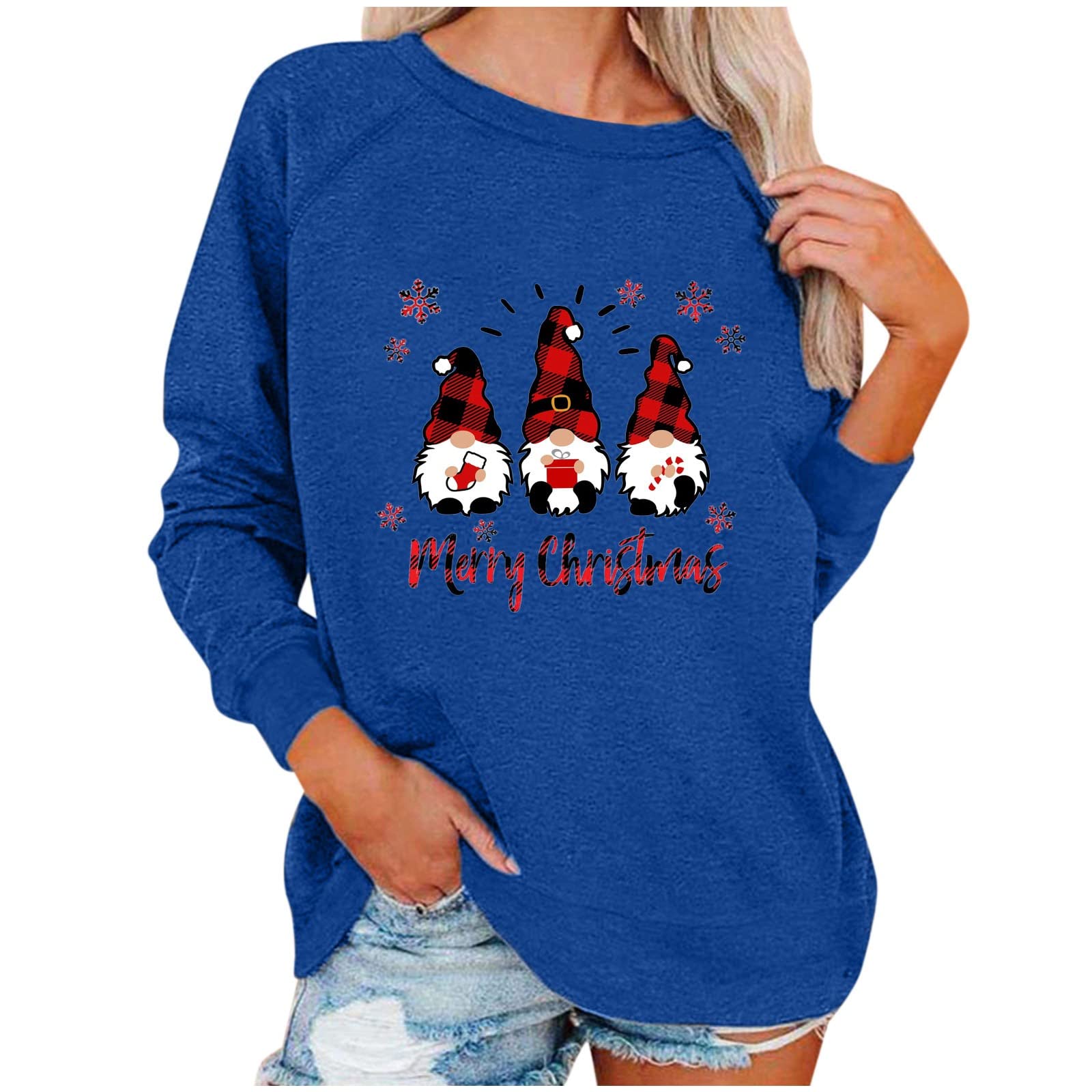 Women's Christmas Gnome Print Long Sleeve Crewneck Sweatshirt - Cozy Lightweight Pullover Top for Holiday Parties & Casual Winter Wear - Blue