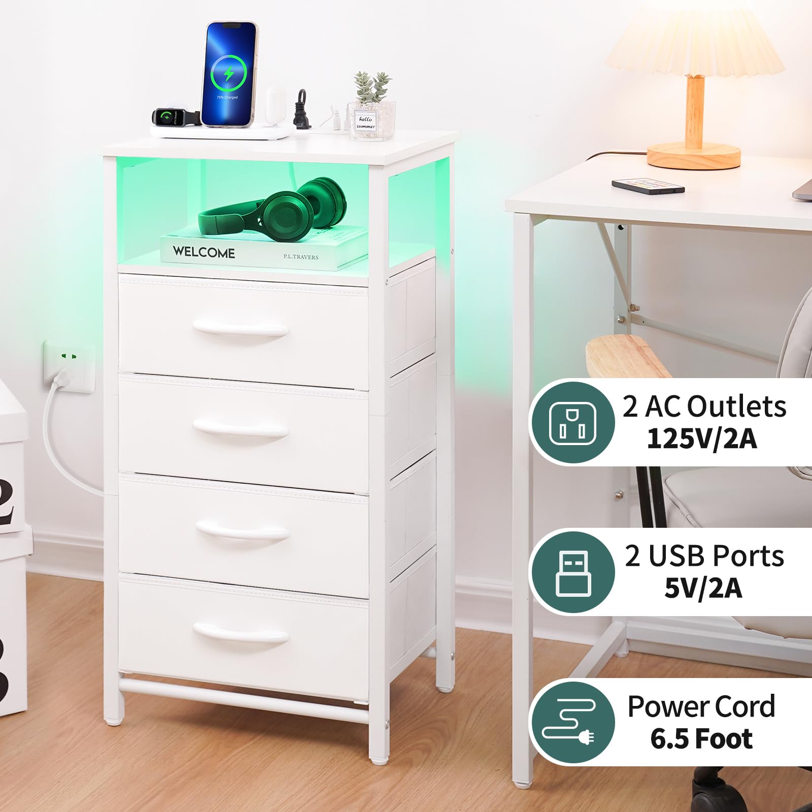 Yoobure LED Night Stand with Charging Station - White Bedside Table with 4 Storage Drawers, Shelf, USB Ports & Outlets - Tall Dresser for Bedroom - Perfect for Small Spaces, Apartment Living & Modern Home Decor