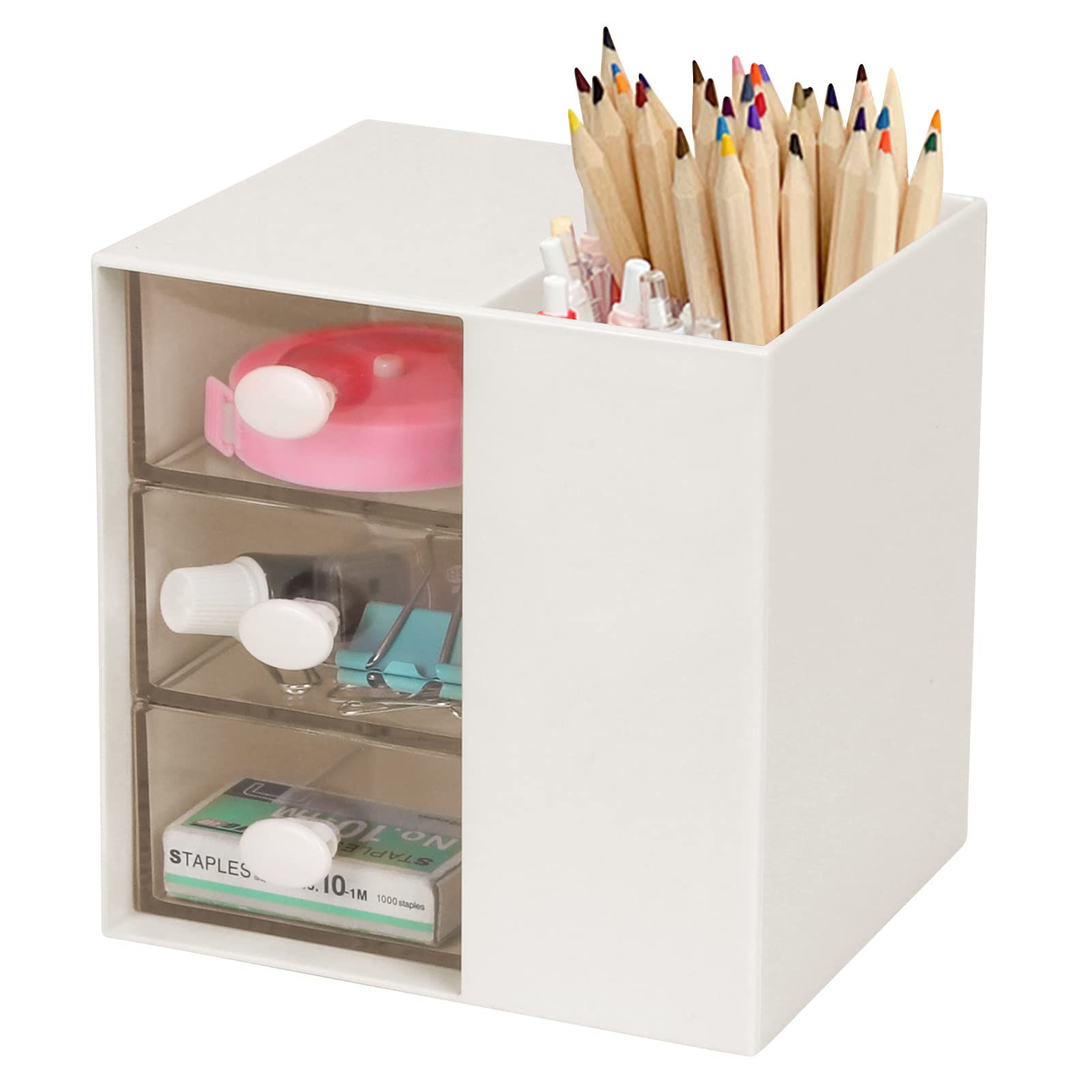 Toplive 3-Drawer Desk Pencil Pen Holder - White Office & School Desktop Organizer with Storage for Stationery Supplies | Perfect for Home, Office, and Classroom Use