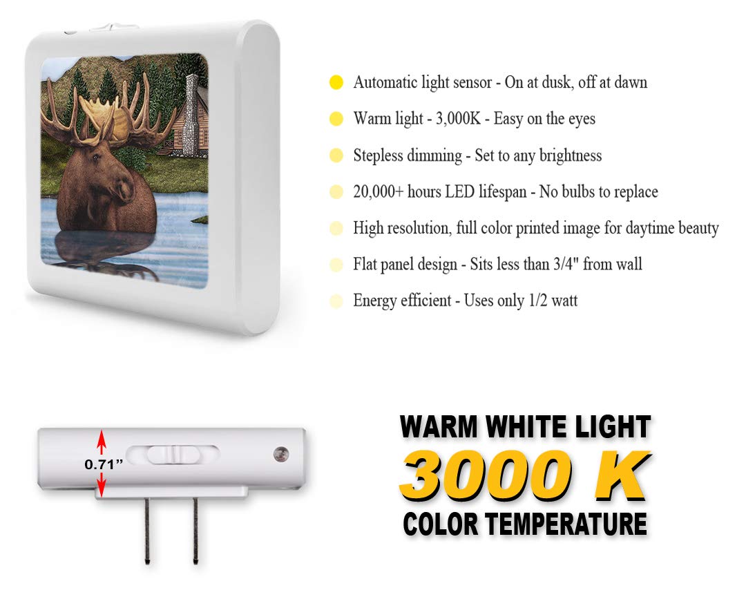 Dimmable LED Night Light with Auto On/Off Sensor, Adjustable Brightness & Warm White Light for Bathroom, Hallway, Nursery & Bedrooms - Moose Pond Design - Perfect for Safe Nighttime Navigation & Kids' Rooms