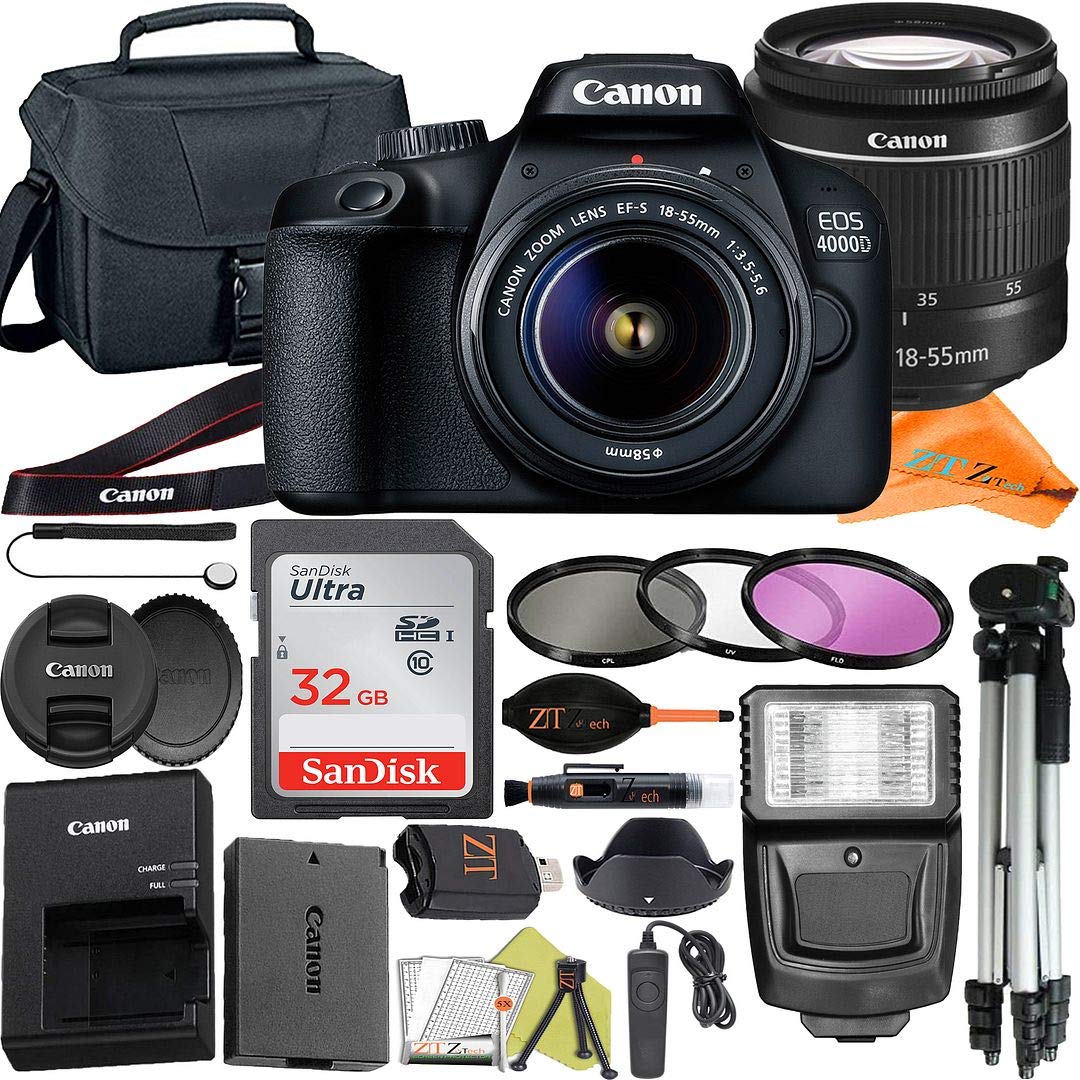 Canon EOS 4000D (Rebel T100) DSLR Camera with 18-55mm Lens | ZeeTech Accessory Bundle | SanDisk 32GB Card, Bag, Tripod & 3 Filters (UV, CPL, FLD) | Refurbished | Perfect for Beginners, Travel Photography & Vlogging
