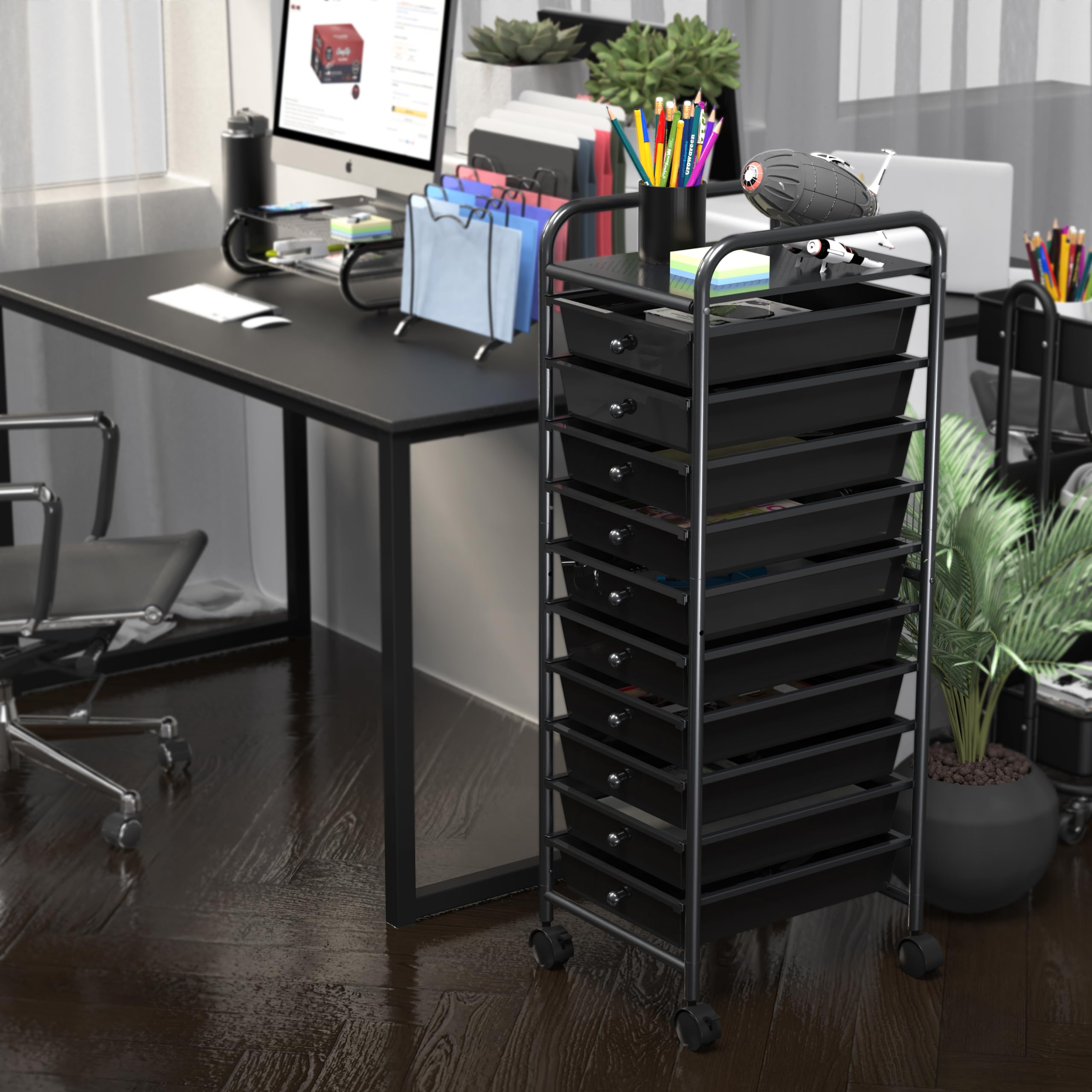 10-Drawer Rolling Utility Cart - Black Storage Organizer for Art & Crafts