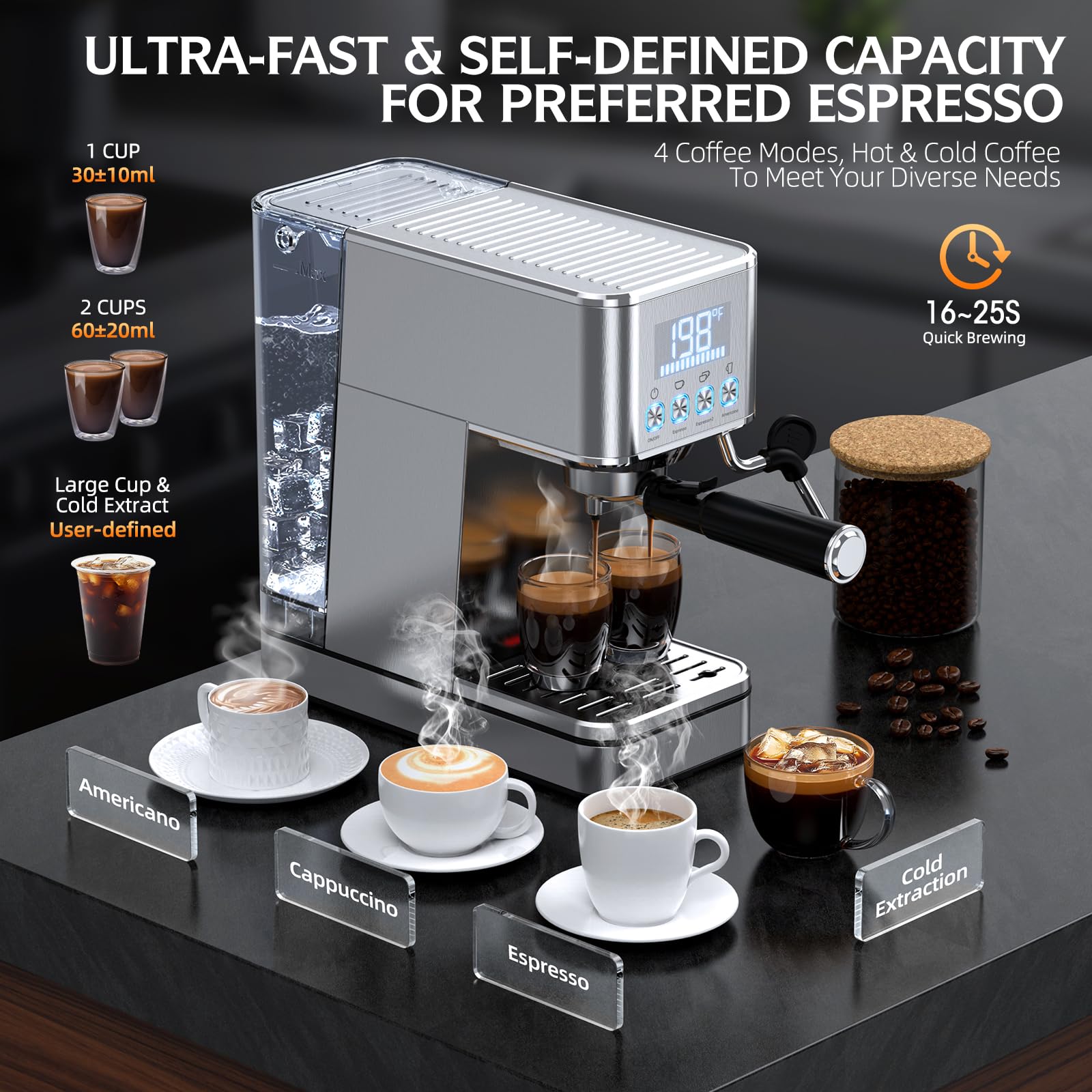 Premium 20Bar Stainless Steel Espresso Machine with Milk Frother - 57.5OZ Removable Water Tank, Time & Temperature Display - Perfect for Cold Brew & Cappuccino at Home or Office - Silver