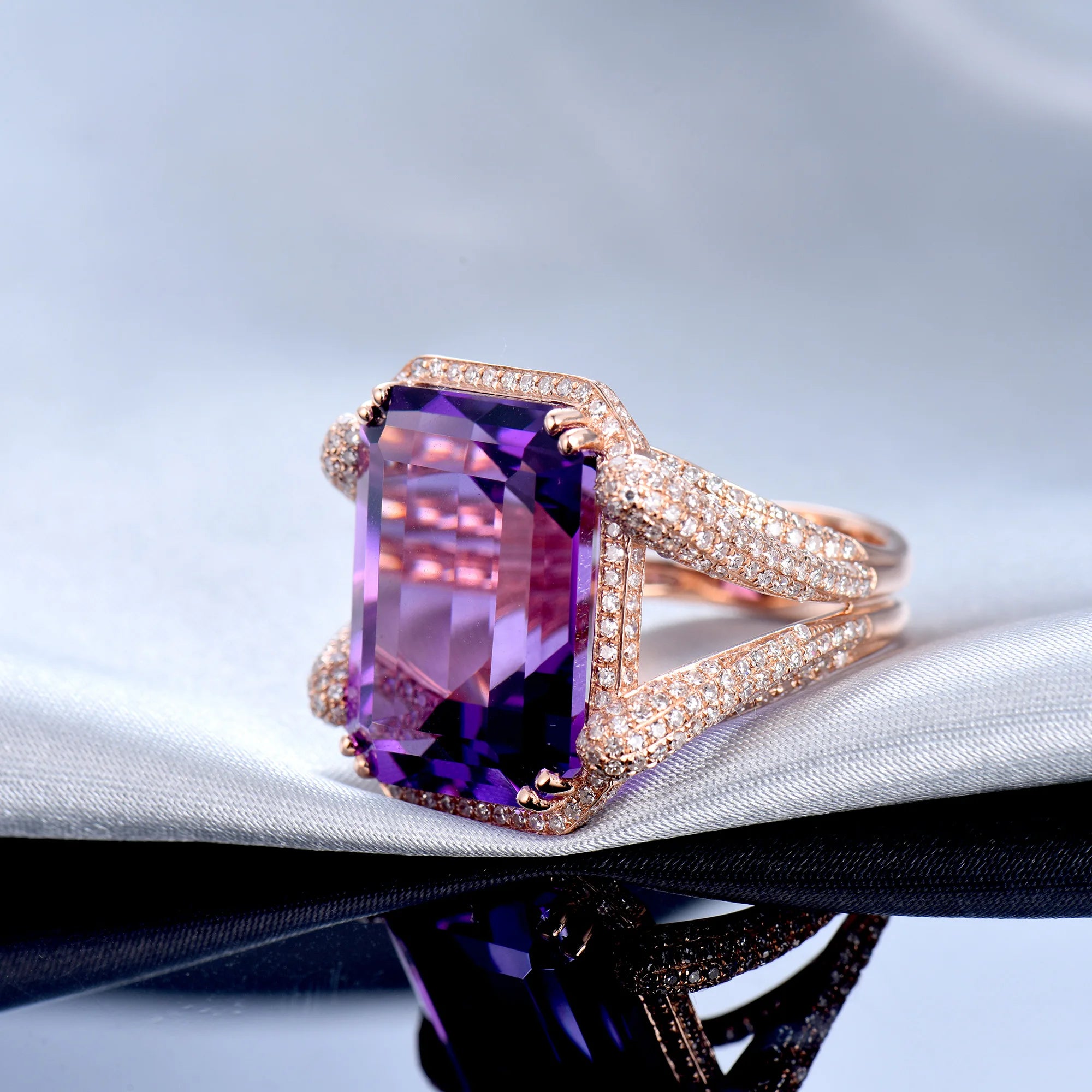 Exquisite 14K Rose Gold Emerald Cut Amethyst Ring with Diamond Accents - Perfect for Engagement, Anniversary & Special Occasion Gifts