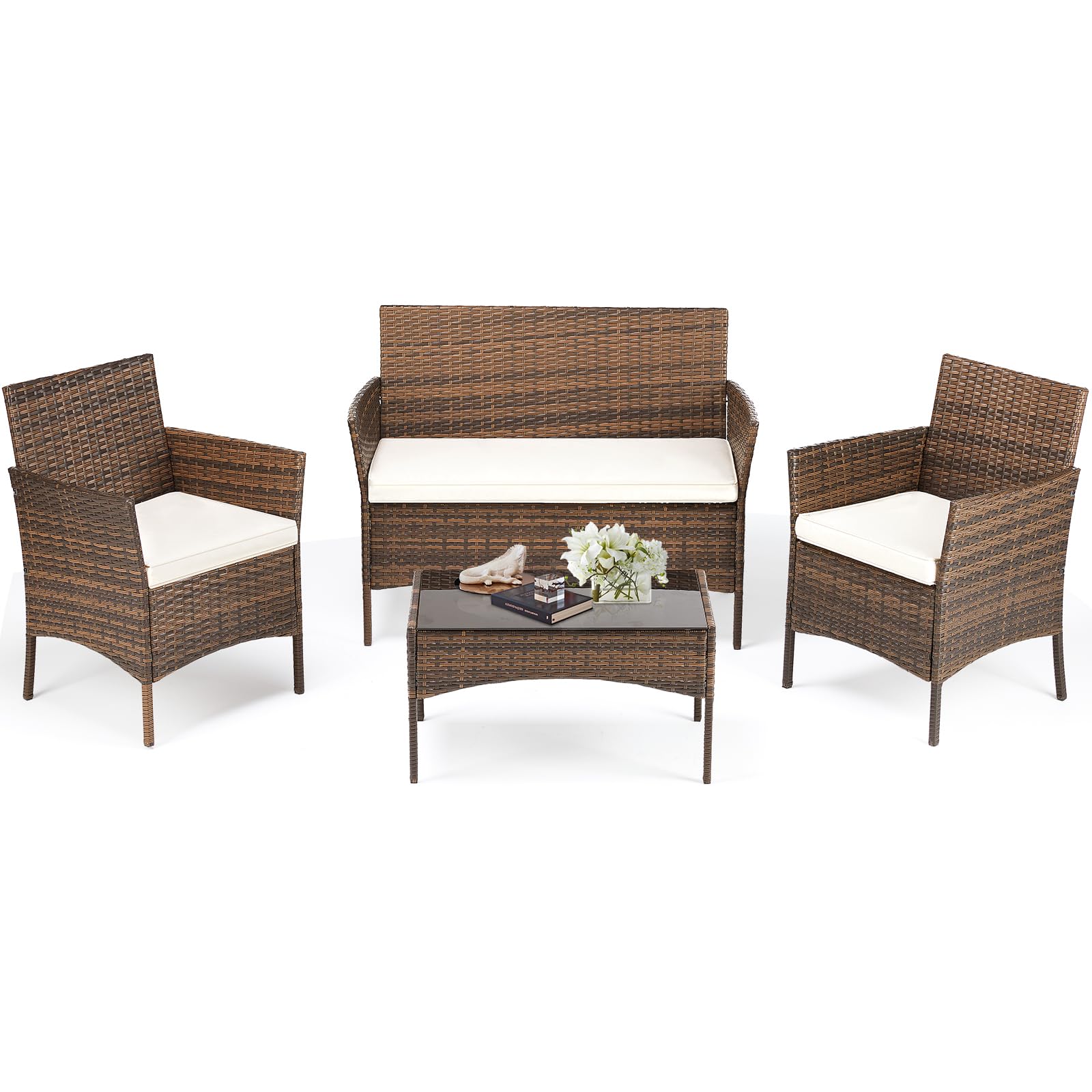 DUMOS 4-Piece Patio Furniture Set - Outdoor Wicker Sofa & Coffee Table - Modern Rattan Conversation Set for Garden, Terrace, Porch, Balcony - Brown & Beige - Perfect for Outdoor Relaxation & Entertaining