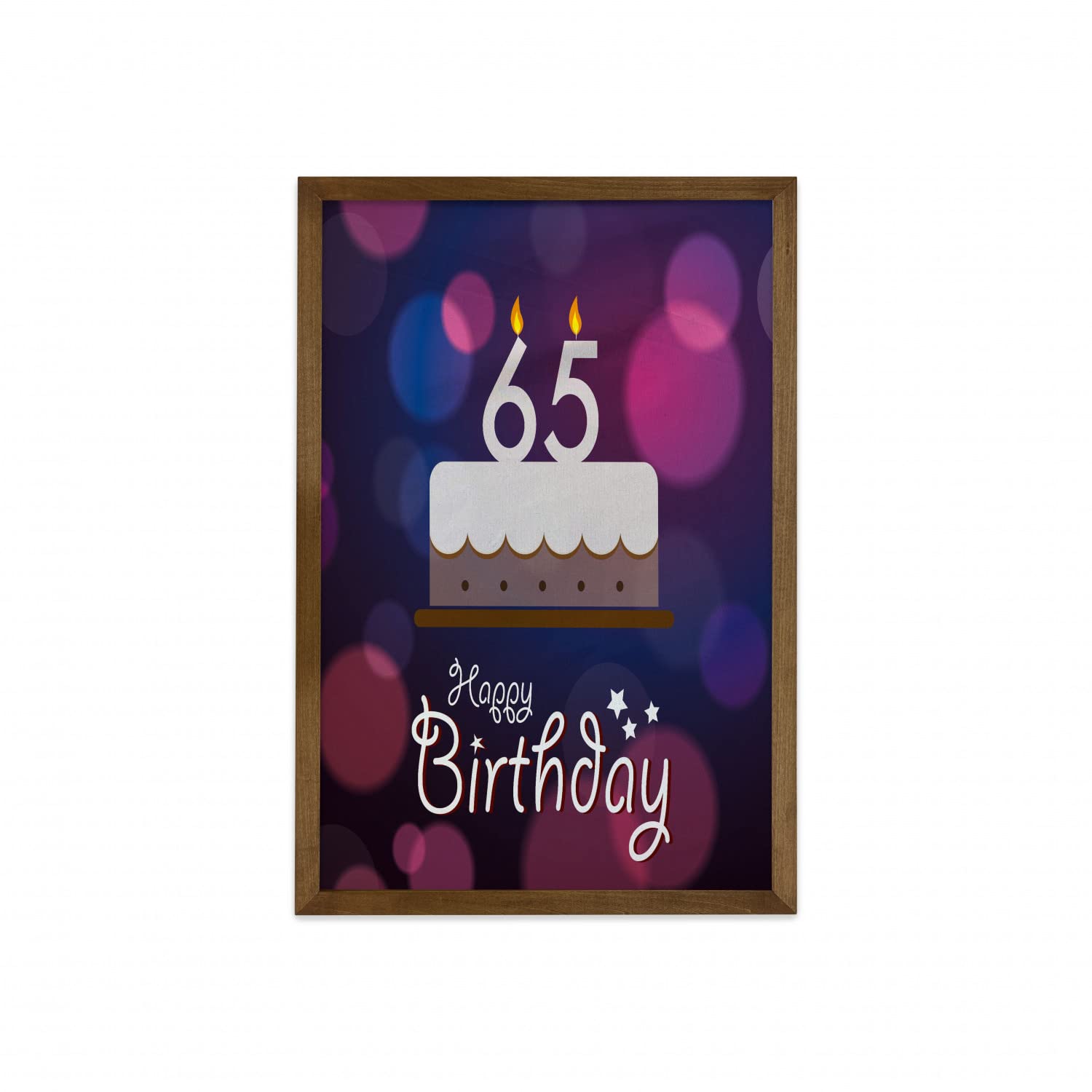 Ambesonne 65th Birthday Framed Wall Art - Elegant Handwritten Calligraphy Cake Design with Best Wishes - Blue Pink White Fabric Decor in Teak Wood Frame (23