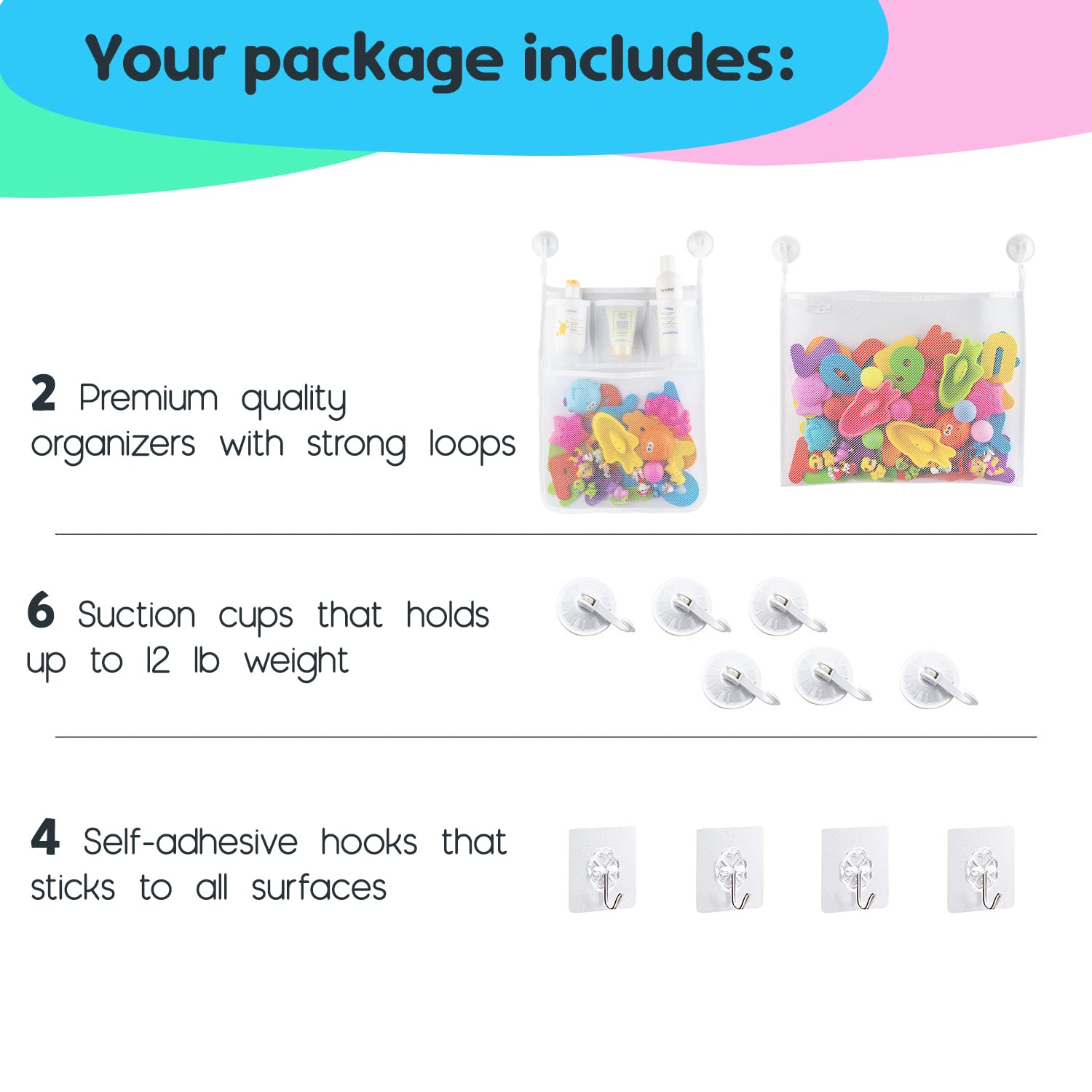 2-Pack Mesh Bath Toy Organizer with 8 Heavy-Duty Hooks – Space-Saving Bathtub Toy Holder & Shower Caddy for Kids – Multi-Use Storage Net Bags for Baby Bath Toys – Perfect for Bathroom, Nursery, and Travel Use