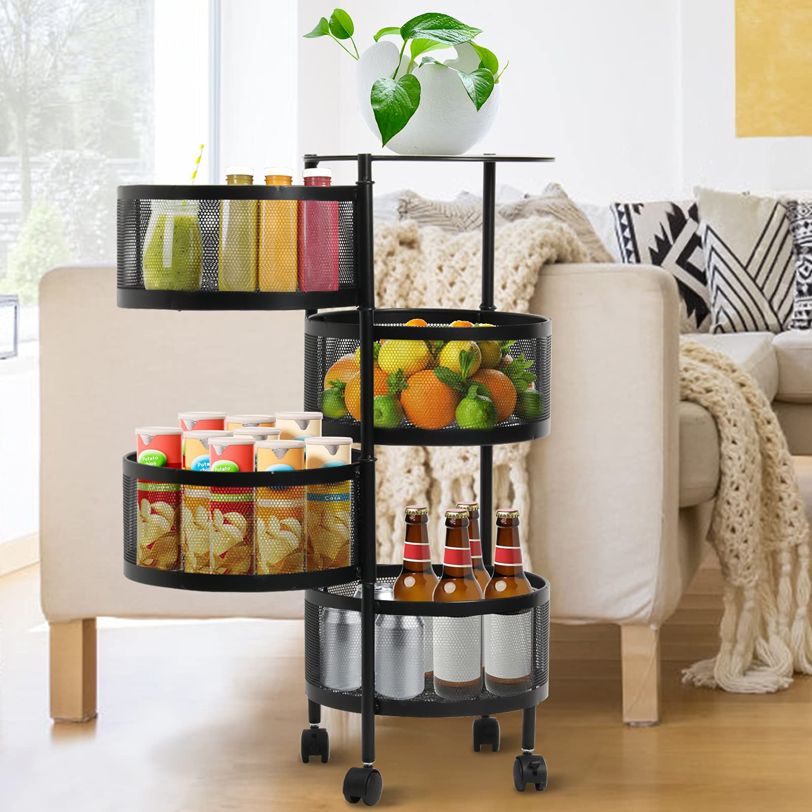 Todeco 360° Rotating Storage Rack - 5-Tier Multi-Purpose Organizer Shelf for Kitchen, Living Room | Space-Saving Floor Standing Fruit Vegetable Basket | Durable Black Home Storage Solution (Perfect for Small Spaces & Clutter-Free Organization)