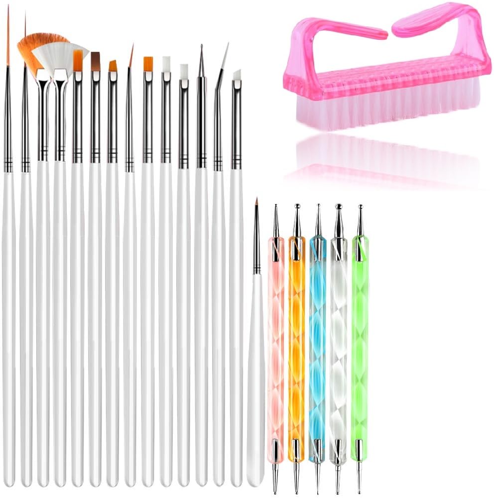 20 Pcs Professional Nail Art Brush Set - Dotting Tools, Polish Brushes & Acrylic Nail Design Kit with Handle Grip for Manicure, Pedicure & Nail Art - Perfect for Salon, Home Use & DIY Nail Designs