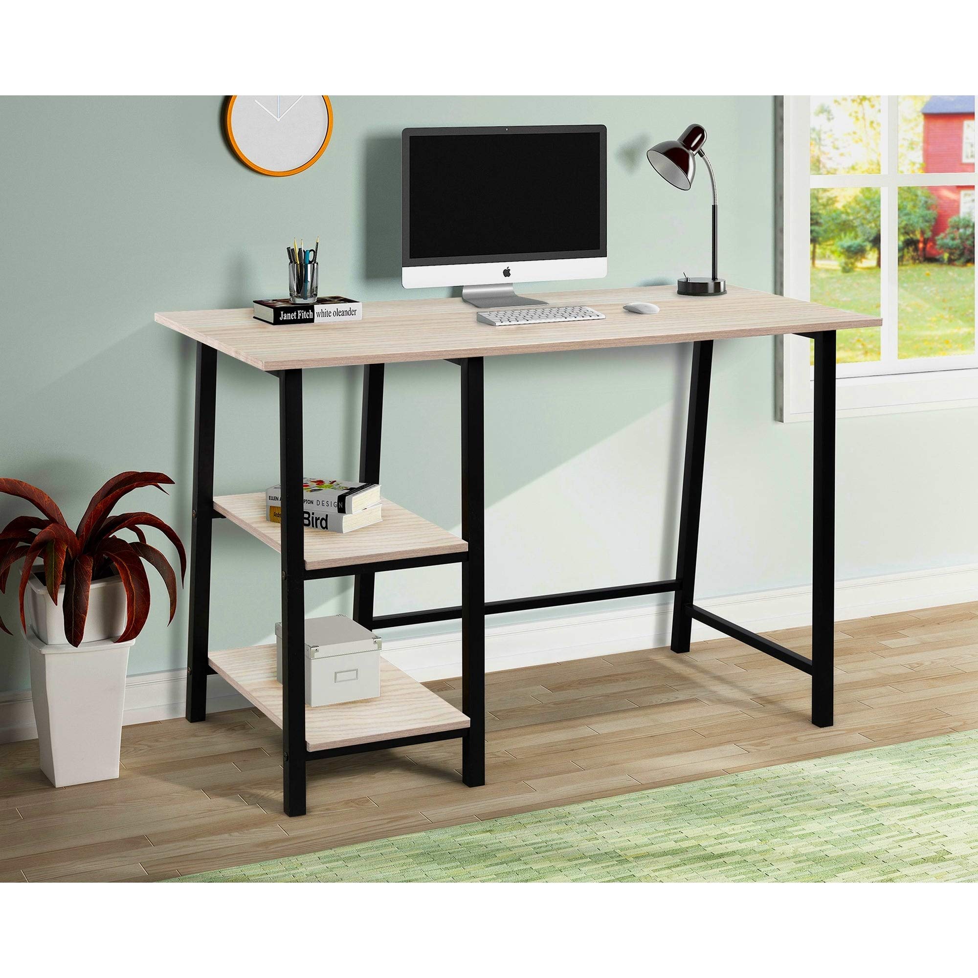 Industrial Home Office Desk with Metal Frame & Oak Finish Wood Surface - Rectangular MDF Steel Shelves for Modern Workspace, Study Room or Home Office Setup