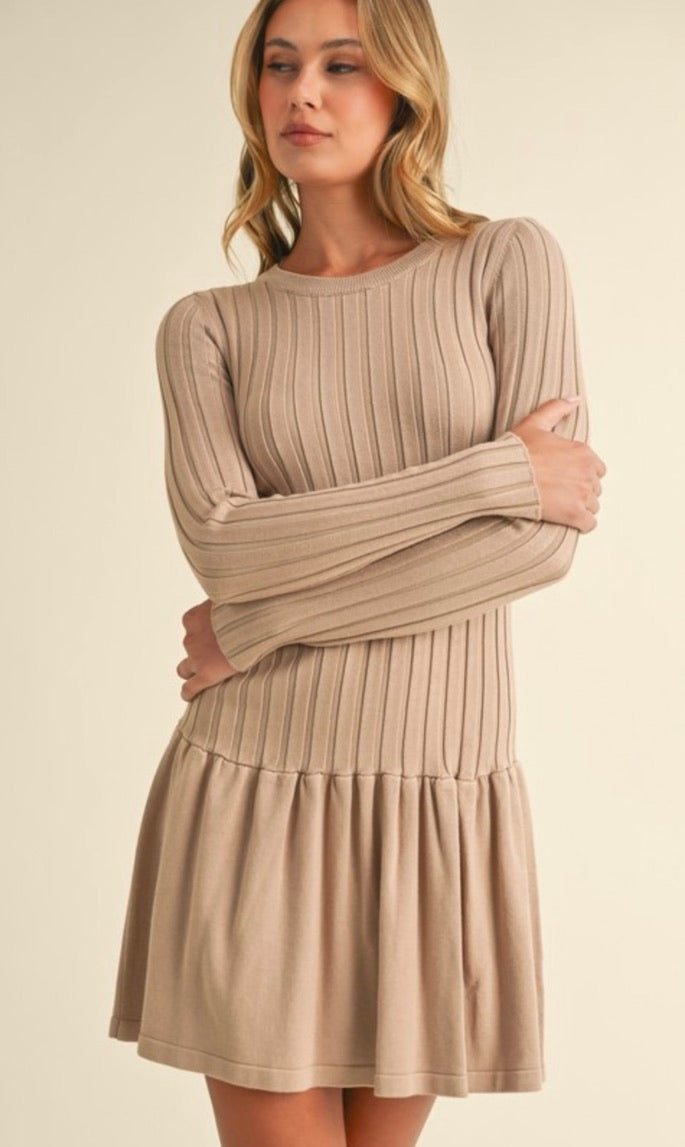 Elegant Ribbed Long Sleeve Crewneck Drop Waist Flare Dress in Taupe - Perfect for Fall/Winter, Office Wear, Date Night & Special Occasions