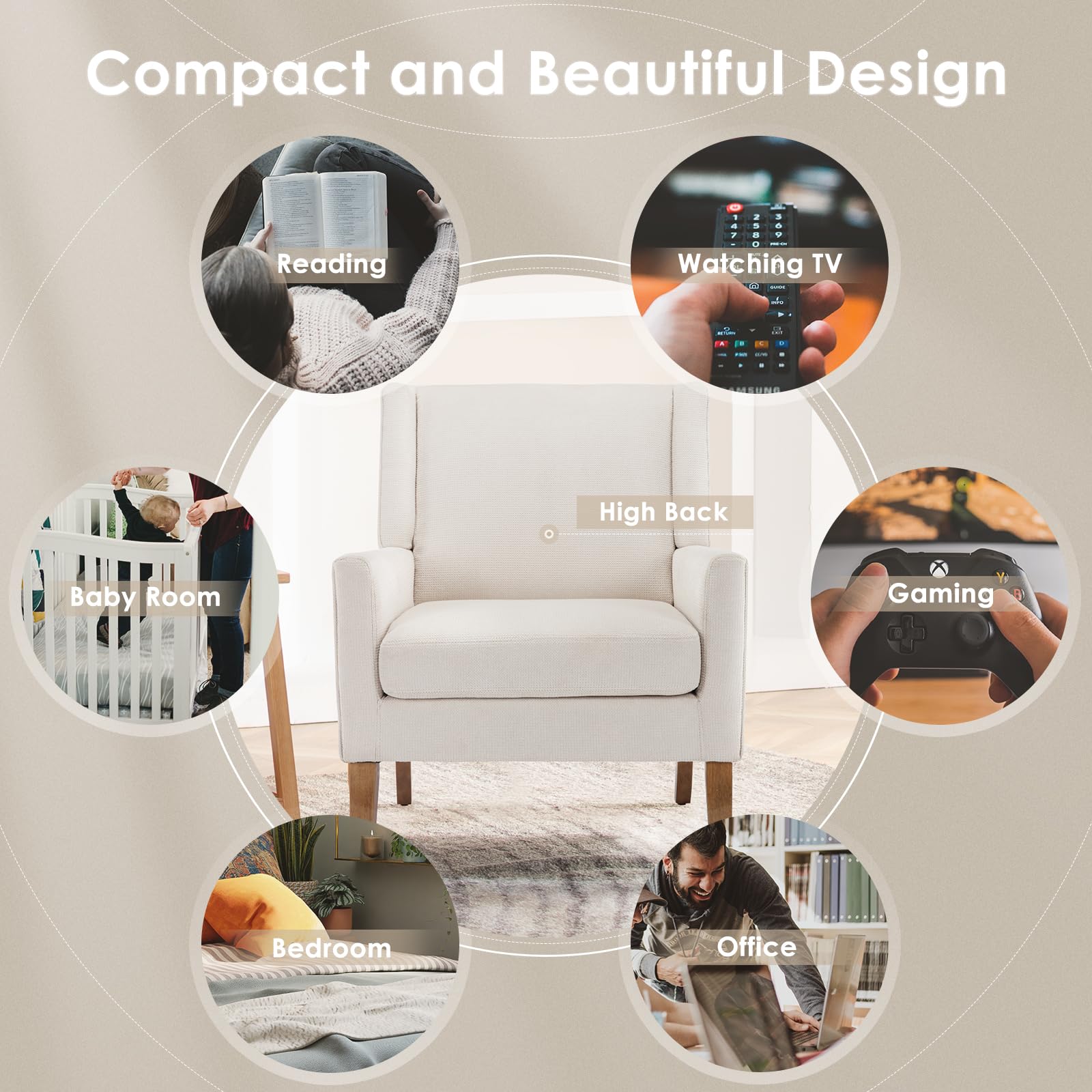 COLAMY Modern Wingback Upholstered Fabric Accent Armchair - Single Sofa Chair with Lounge Seat & Wood Legs for Living Room, Office, Bedroom - Beige - Perfect for Reading Nooks & Cozy Spaces