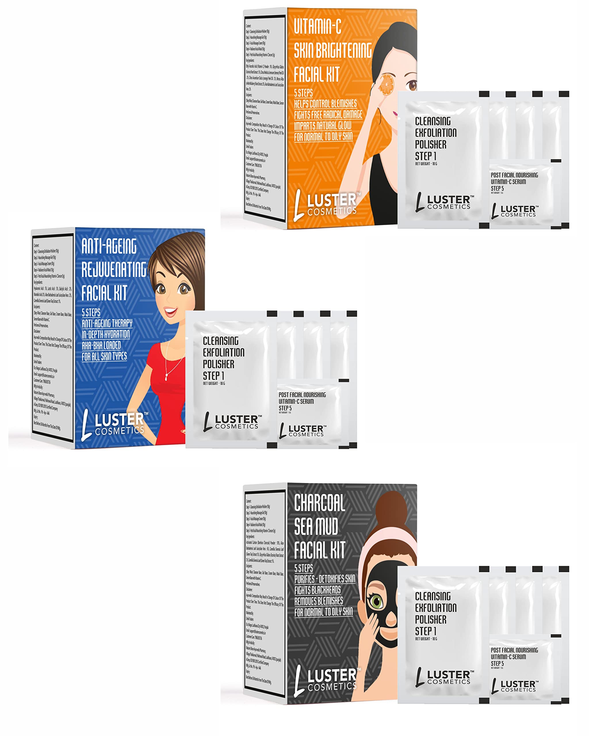 Luster Cosmetics Vitamin C, Anti-Aging & Charcoal Facial Kit Combo Pack - Skin Brightening Treatment for Women & Men (45g Each) | Perfect for At-Home Spa Days & Travel Skincare