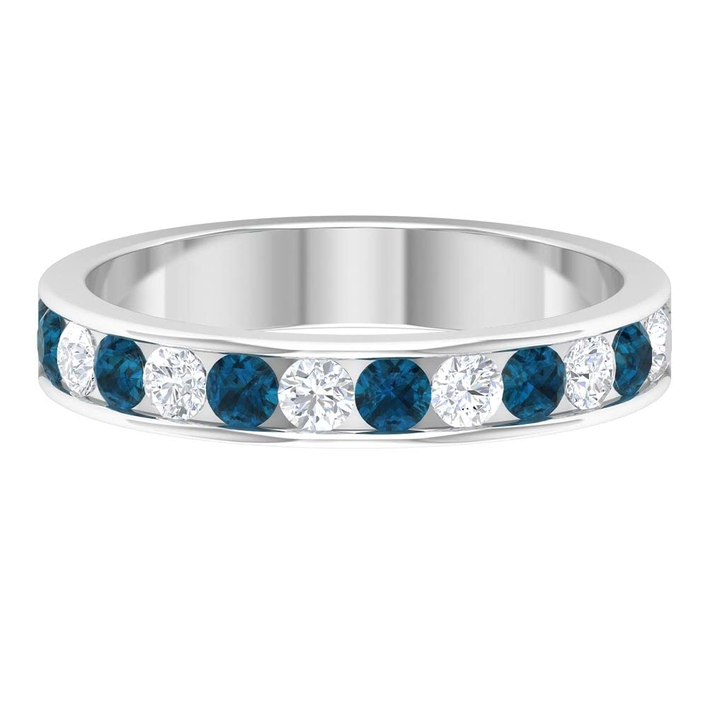 1 CT London Blue Topaz & Diamond Half Eternity Ring - 14K Solid Gold Channel Set Blue Topaz & Diamond Semi Eternity Ring - Elegant Wedding Band, Anniversary Gift & Everyday Jewelry for Women