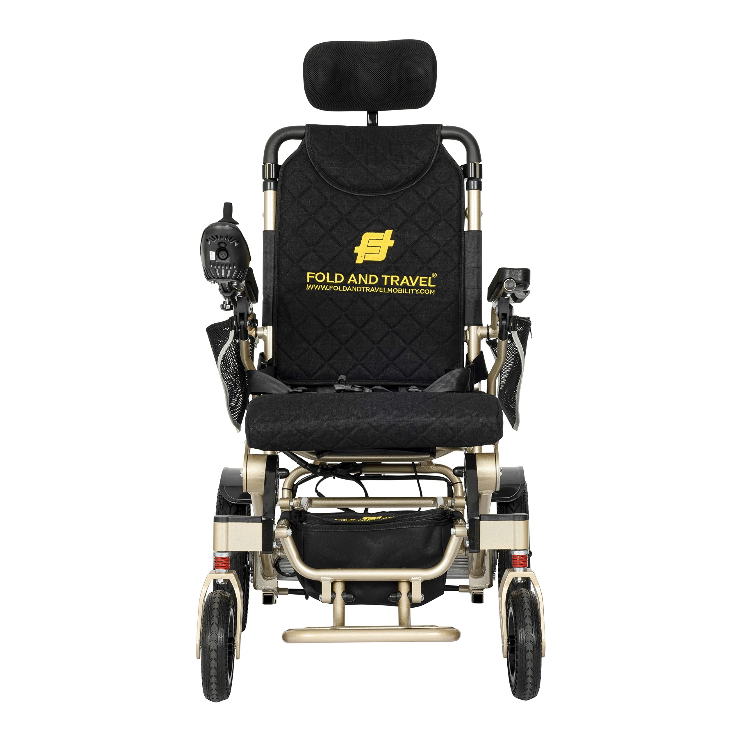 Foldable Electric Wheelchair for Adults & Seniors - Auto Recline Power Wheelchair with Gold Frame | Indoor & Outdoor Mobility Aid for Home, Travel & Shopping