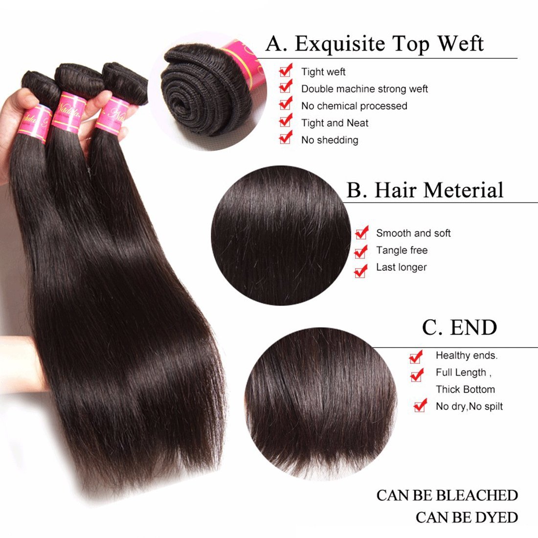 Nadula 12A Brazilian Straight Virgin Human Hair 3 Bundles - 100% Unprocessed Remy Silky Straight Weave Extensions for Black Women (12 14 16 Inch) | Natural Color Human Hair Extensions for Styling, Braiding & Everyday Wear