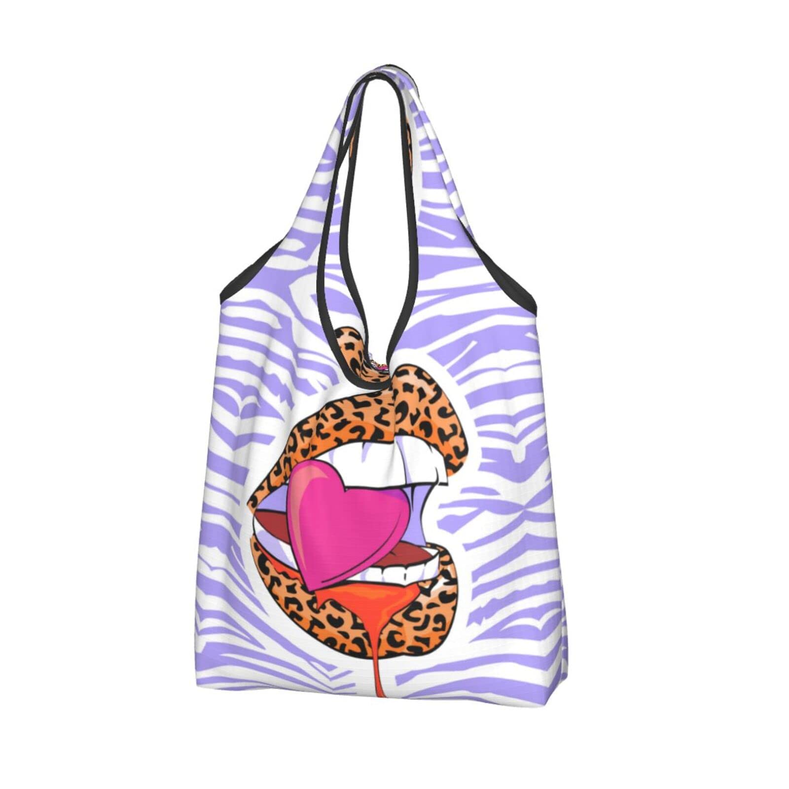 Reusable Waterproof Shopping Tote Bag - Large Foldable Grocery Bag with Animal Skin Lips & Pink Heart Design | Perfect for Grocery Shopping, Beach Trips & Eco-Friendly Errands