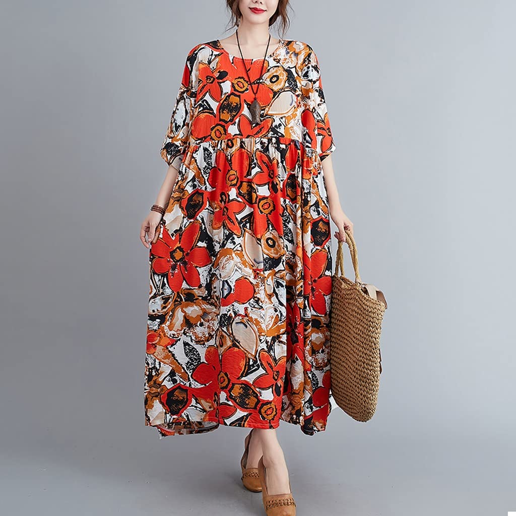 Vintage Floral Print Loose Summer Dress for Women - 100% Cotton Linen Casual Long Maxi Dress | Breathable & Comfortable | Perfect for Beach Vacations, Summer Parties & Boho Fashion (Orange, One Size)