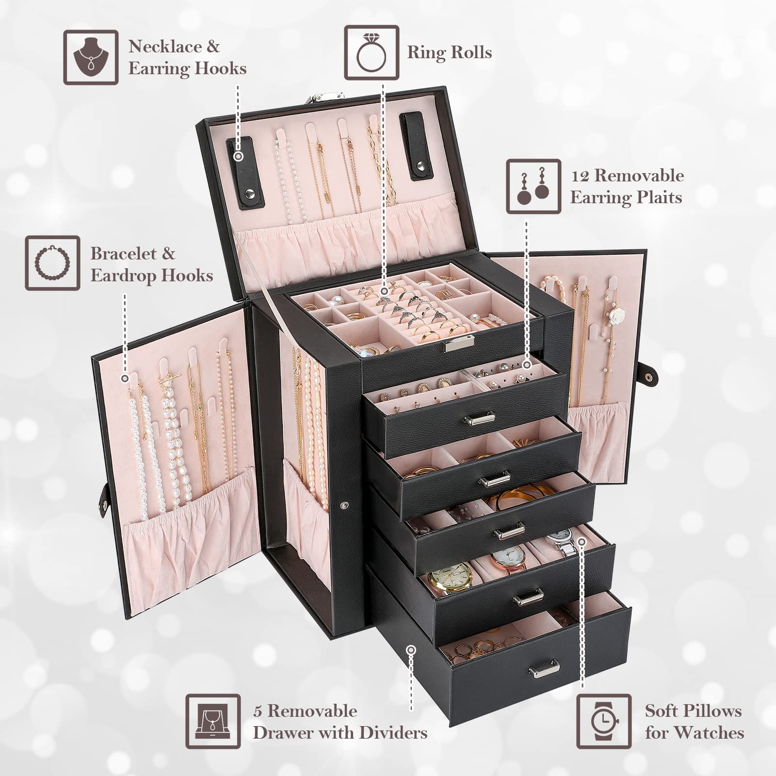 ProCase 6-Layer Large Jewelry Organizer Box for Women - Elegant Jewelry Storage Case with Mirror for Necklaces, Rings, Earrings & Bracelets - Perfect Gift for Girlfriend, Wife, Daughter (Home & Travel Use)
