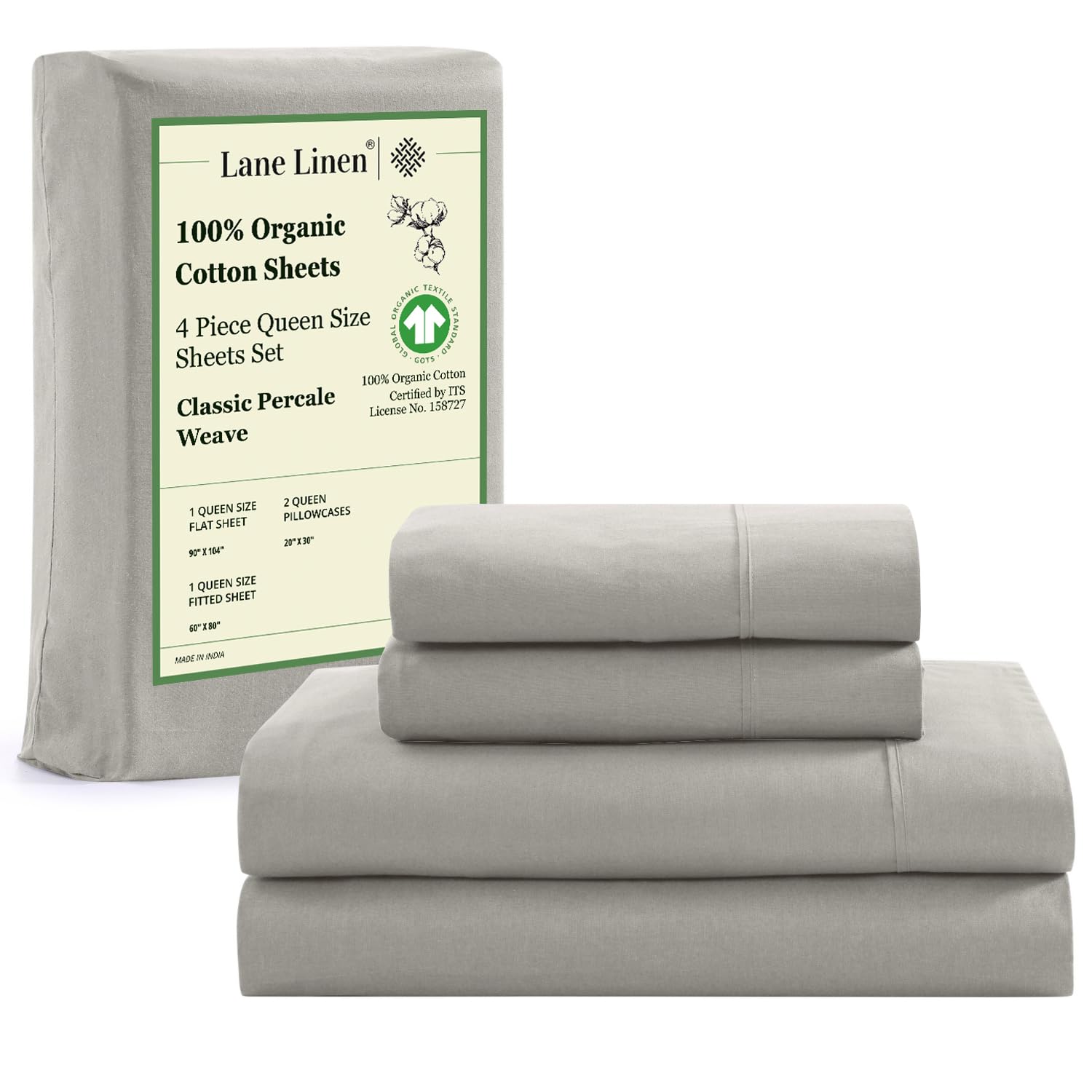 LANE LINEN 100% Organic Cotton Mercerized Queen Sheet Set - Soft, Breathable & Cooling Percale Weave Bed Sheets - Fade & Pill Resistant - Silver | Perfect for Hot Sleepers & Luxury Bedroom Decor