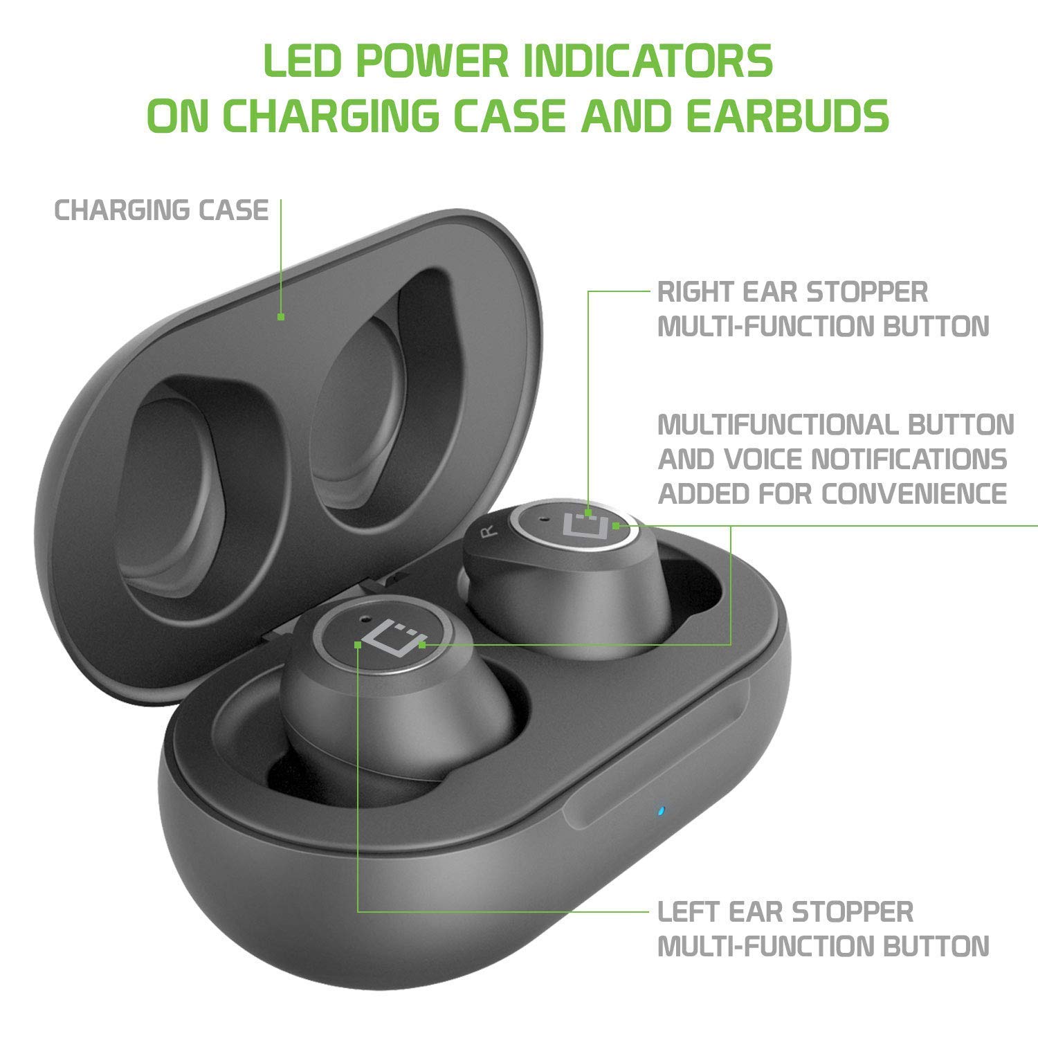 Wireless V5.0 Bluetooth Earbuds with Charging Case - Compatible with Xiaomi Mi 4i & Smartphones - Noise Cancelling In-Ear Headphones (Black) - Perfect for Gym, Running & Travel